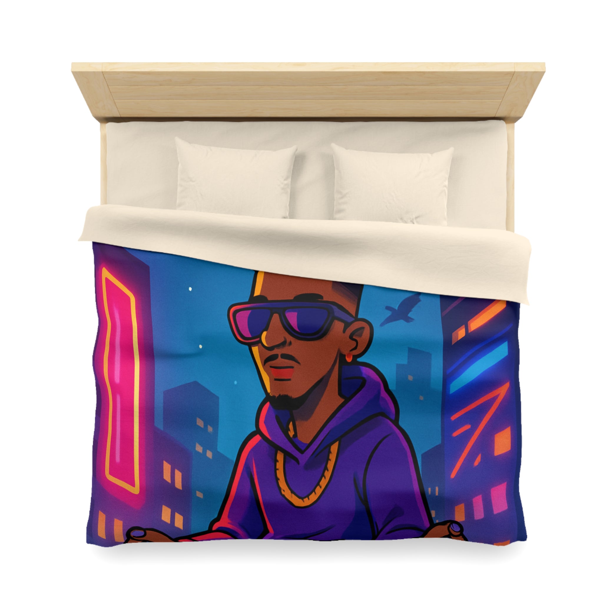 Housse de Couette Représentant Jeune Méditant Sur Toit en Ville, Pleine Lune Derrière