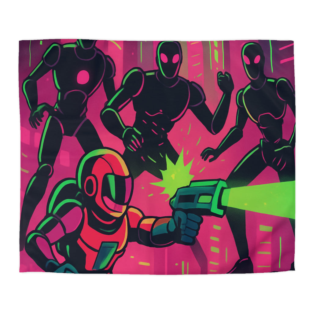 Housse de couette néon futuriste avec combat spatial, designs vifs rétro et cyberpunk