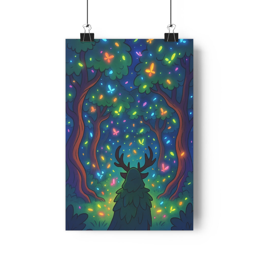 Poster décoratif forêt enchantée cartoon bleu vert orange mystique chambre enfant mural magique rêveur