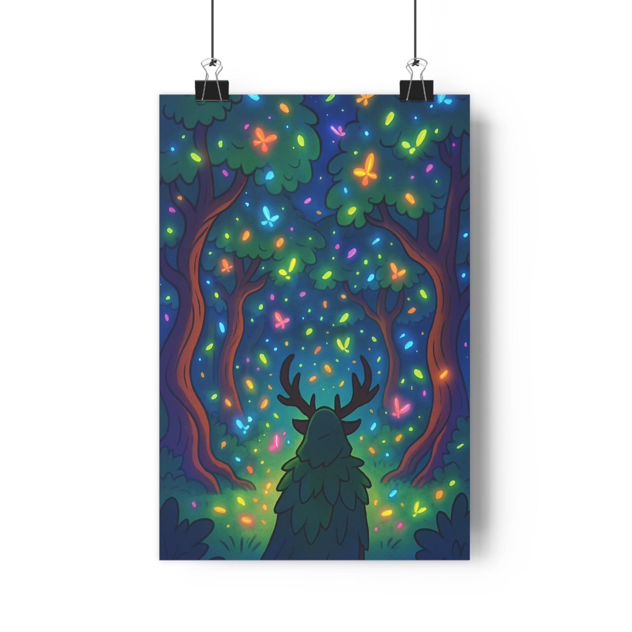 Poster décoratif forêt enchantée cartoon bleu vert orange mystique chambre enfant mural magique rêveur
