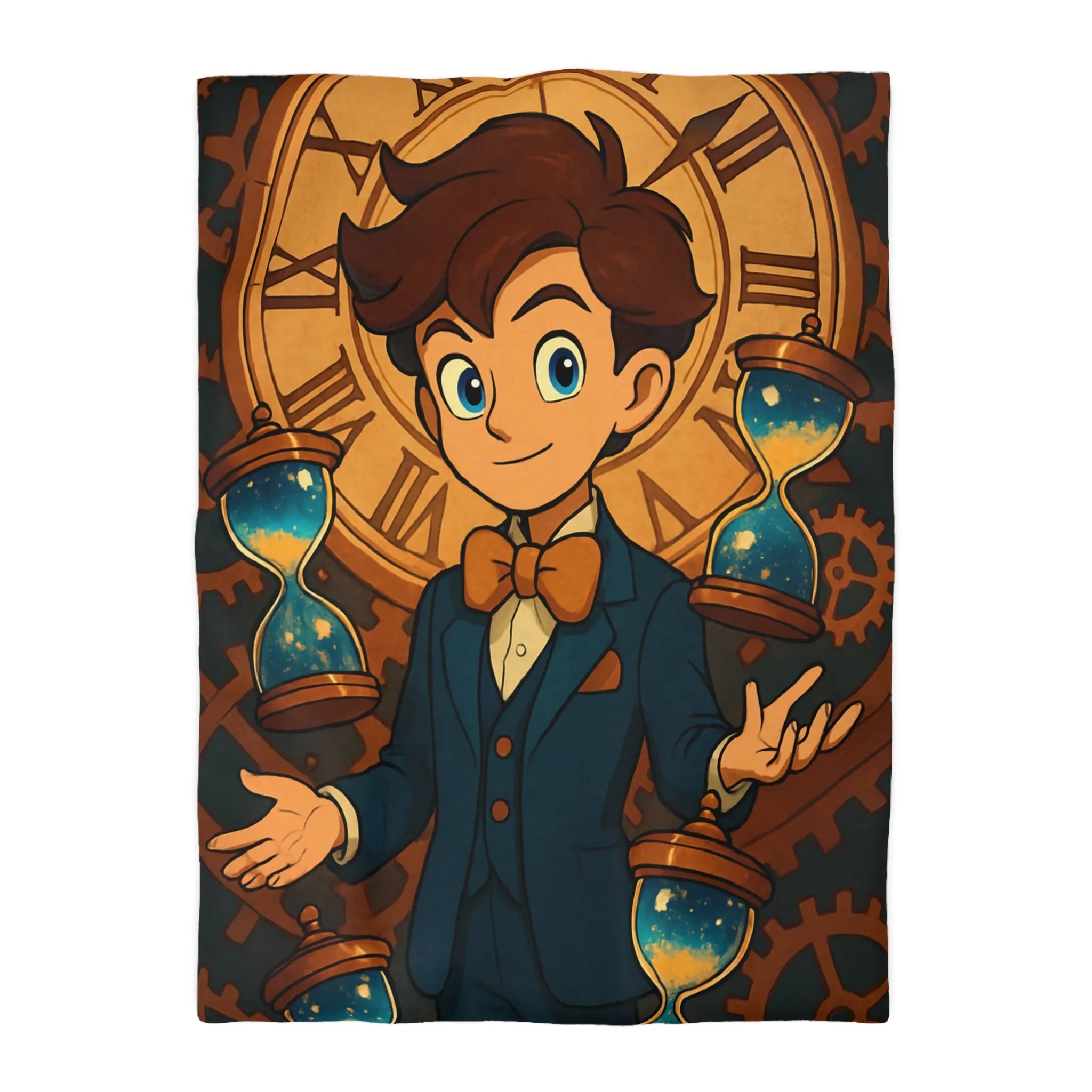 Élégante housse de couette thème horloger avec personnage stylisé et sabliers dorés