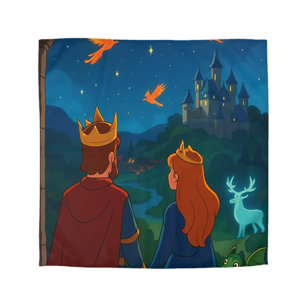 Housse de couette magique avec roi, reine et château sous ciel étoilé enchanté