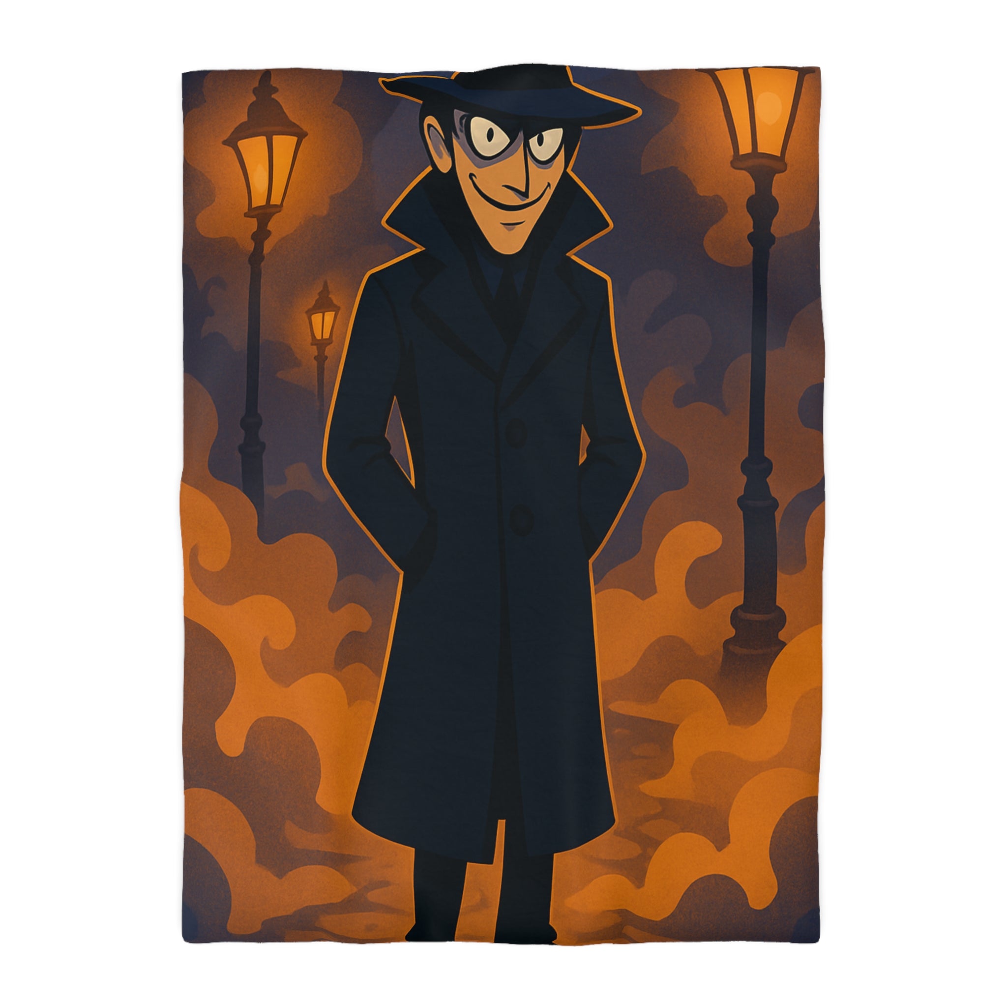 Housse de couette mystique détective en noir, décor urbain nocturne éclairé de lampadaires