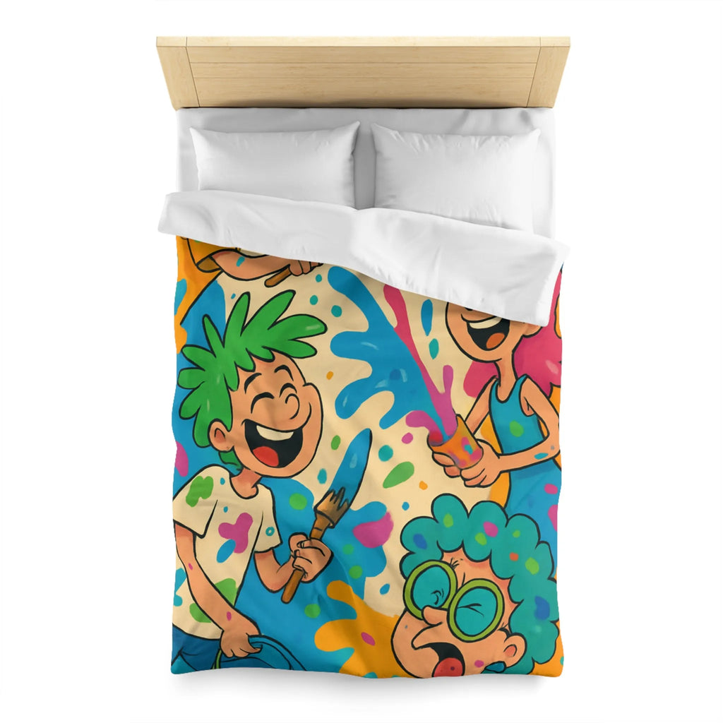 Housse de couette colorée pour enfants avec personnages joyeux et éclaboussures de peinture