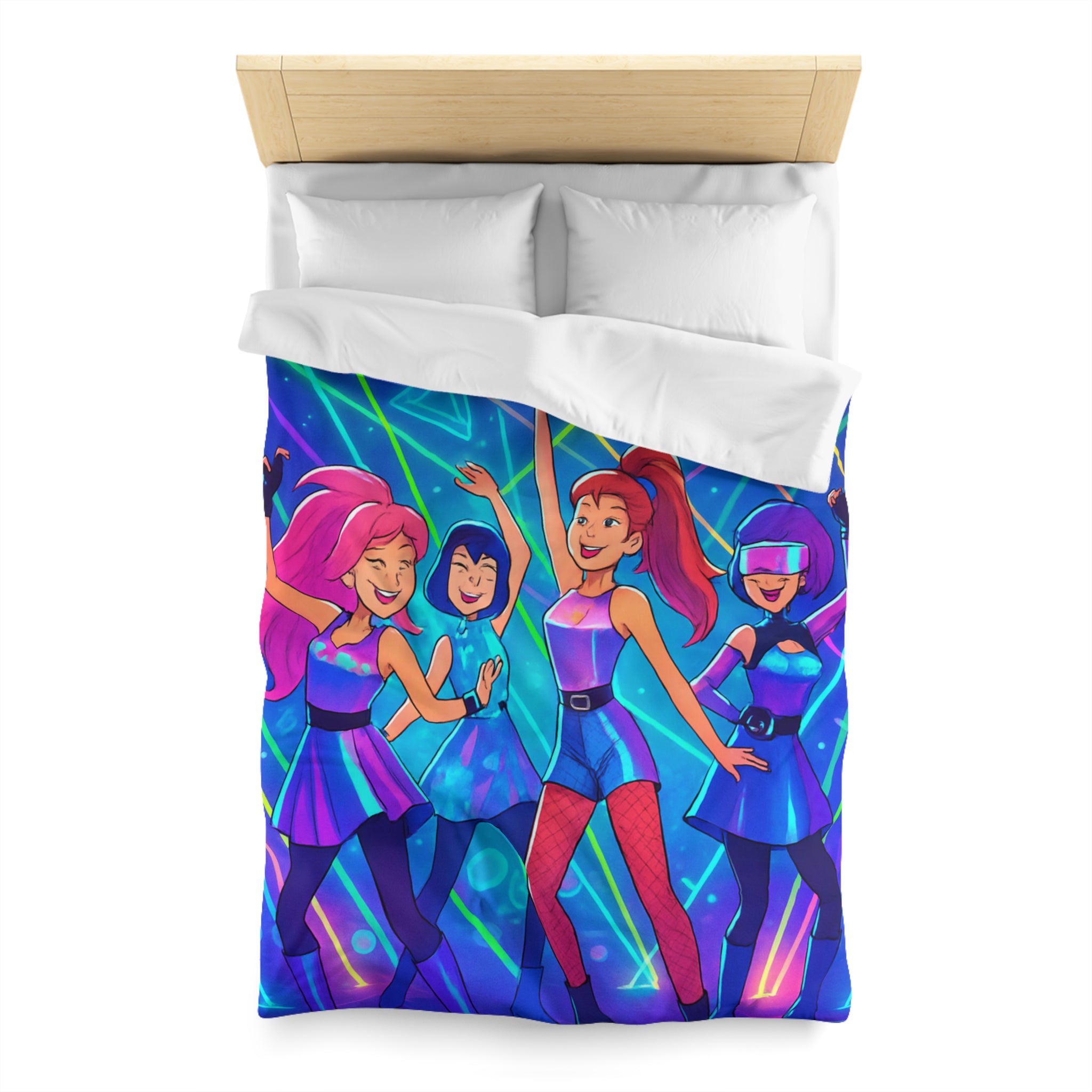 Housse de couette techno disco avec danseuses rétro en néons et figures géométriques