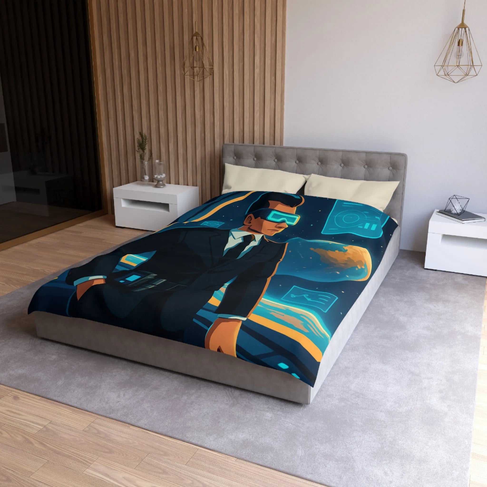 Housse de couette futuriste avec agent spatial et paysages cosmiques numériques immersifs