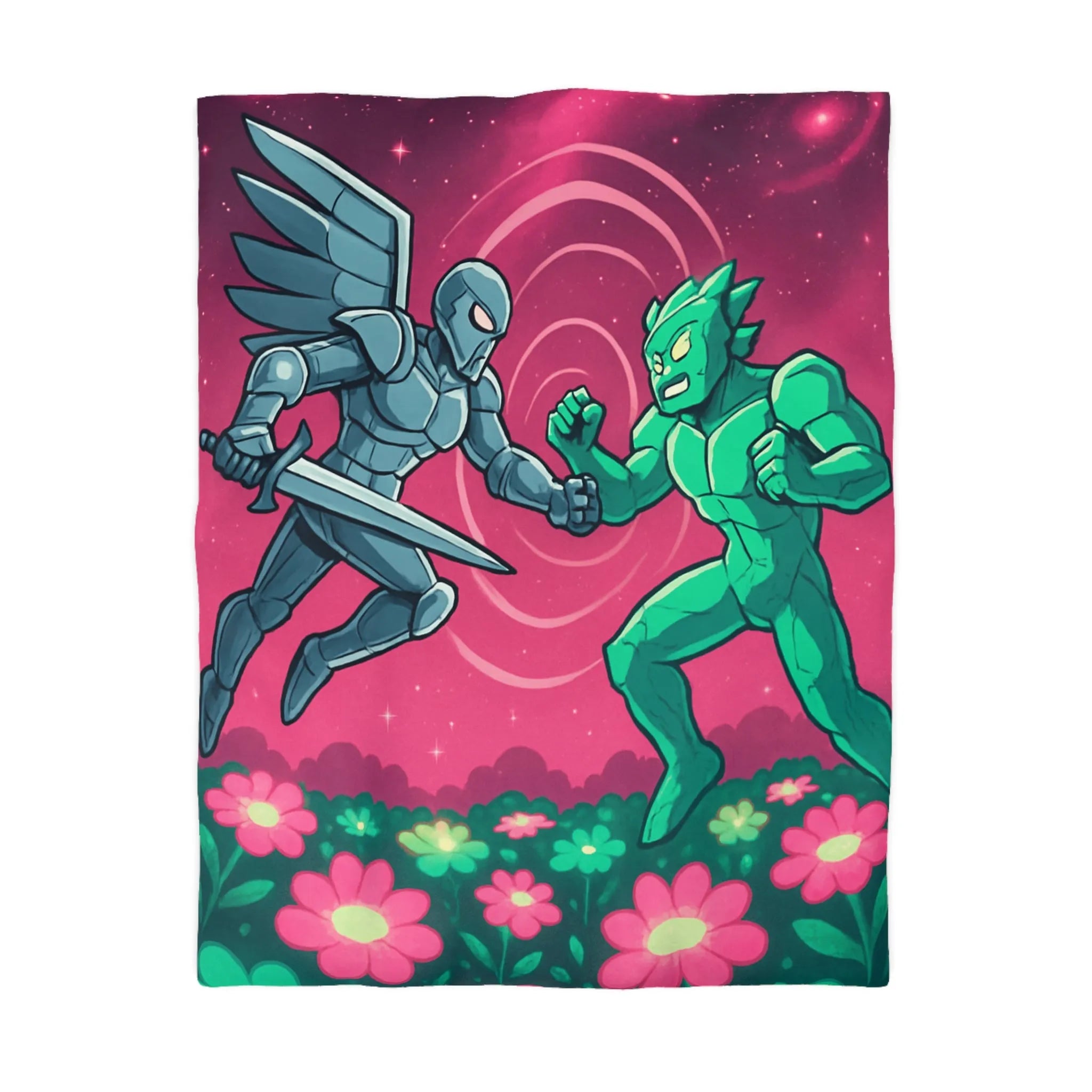 Housse de couette illustrée super-héros ailé avec scène de combat cosmique floral coloré