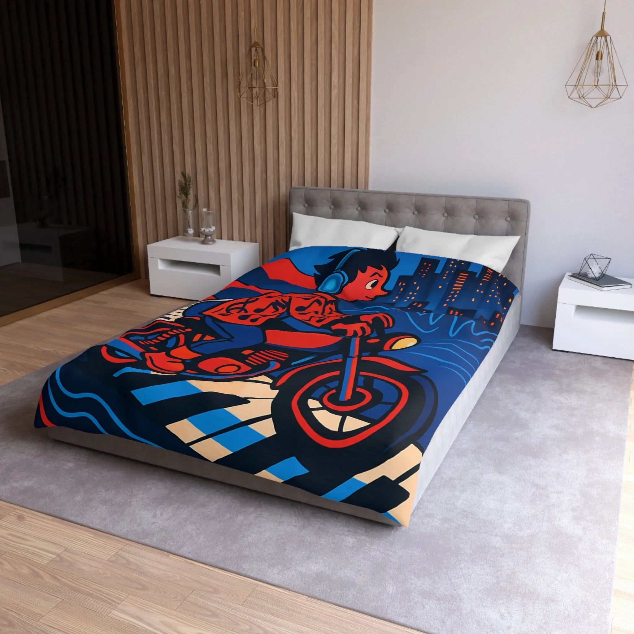 Housse de Couette Design Moderne: Motard Musicien dans Ville Lumineuse et Colorée