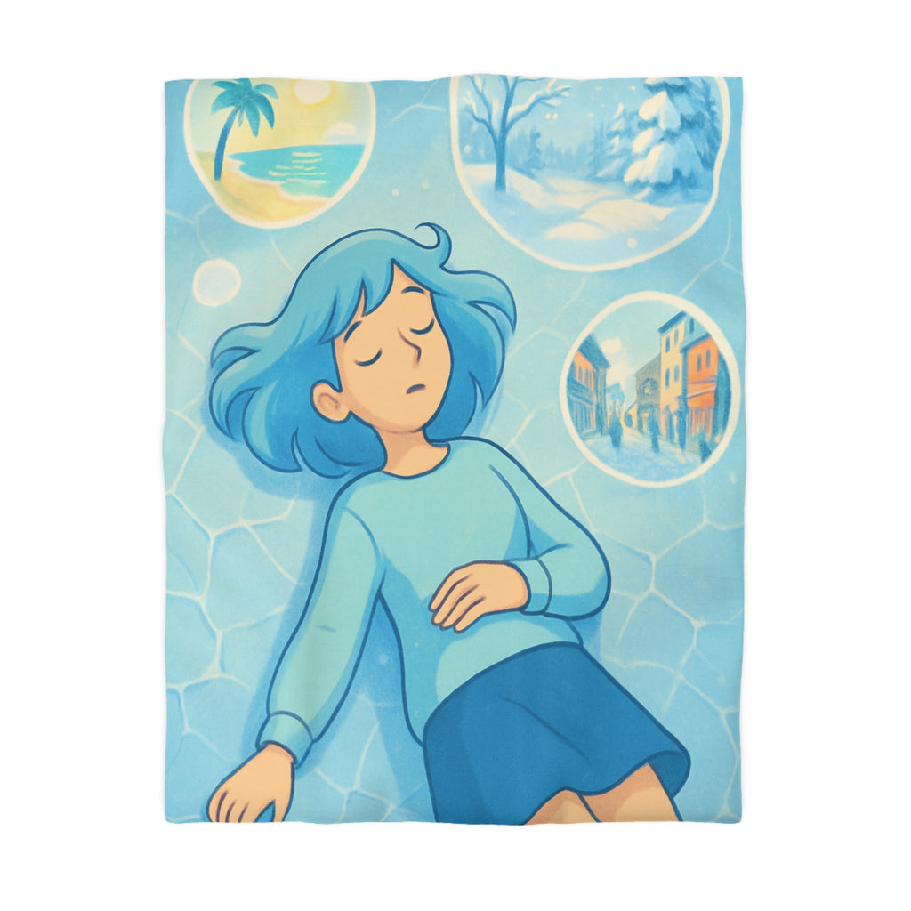 Housse de couette rêve bleuté avec motifs oniriques et paysages variés enchanteurs