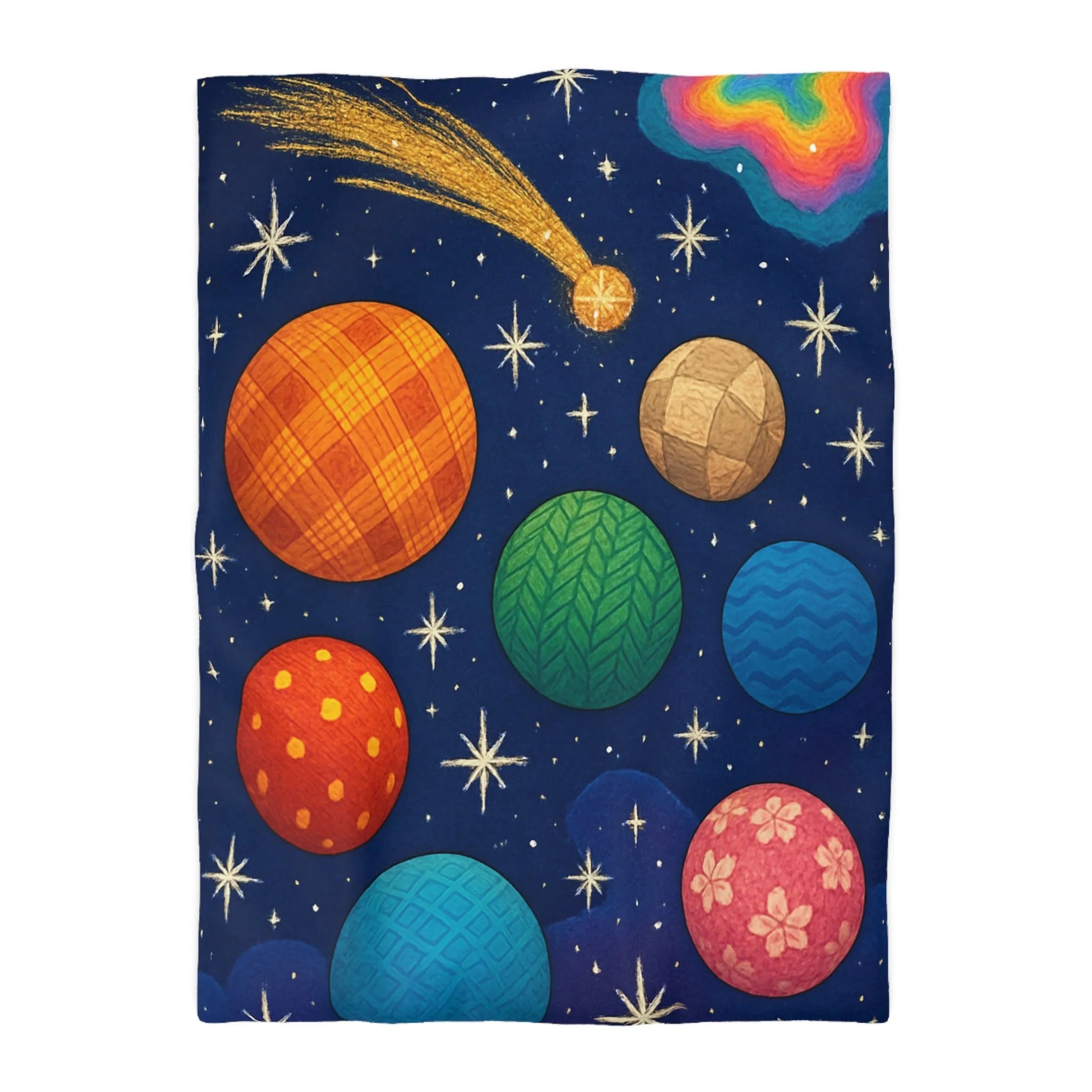 Housse de couette colorée avec planètes texturées, étoiles brillantes et nébuleuse mystique