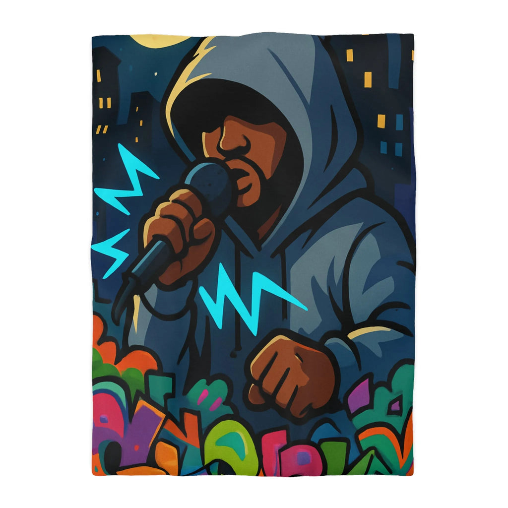 Housse de couette avec artiste hip-hop en hoodie et graffitis colorés de rue