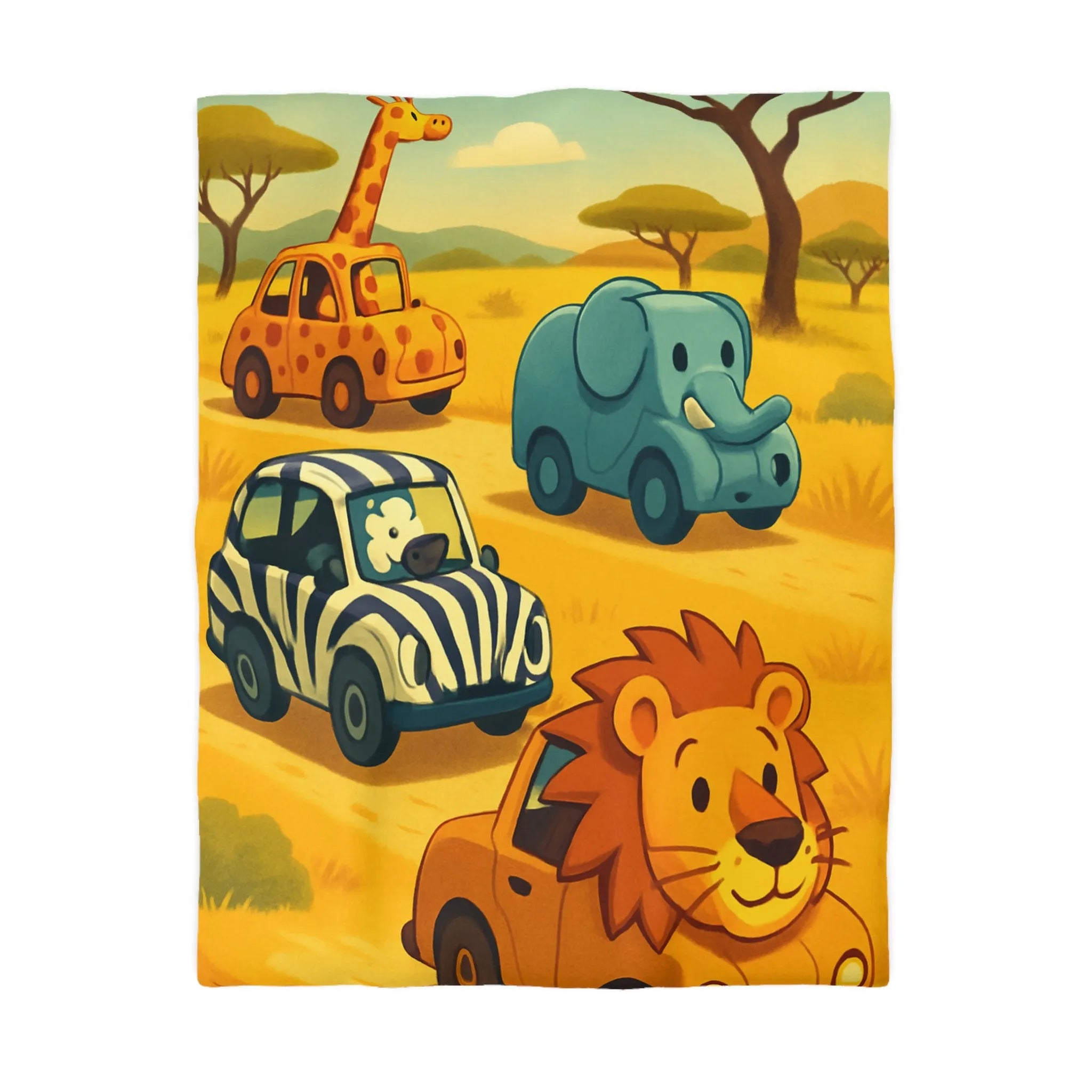 Housse de couette animaux safari mignons pour chambre enfant avec voitures colorées