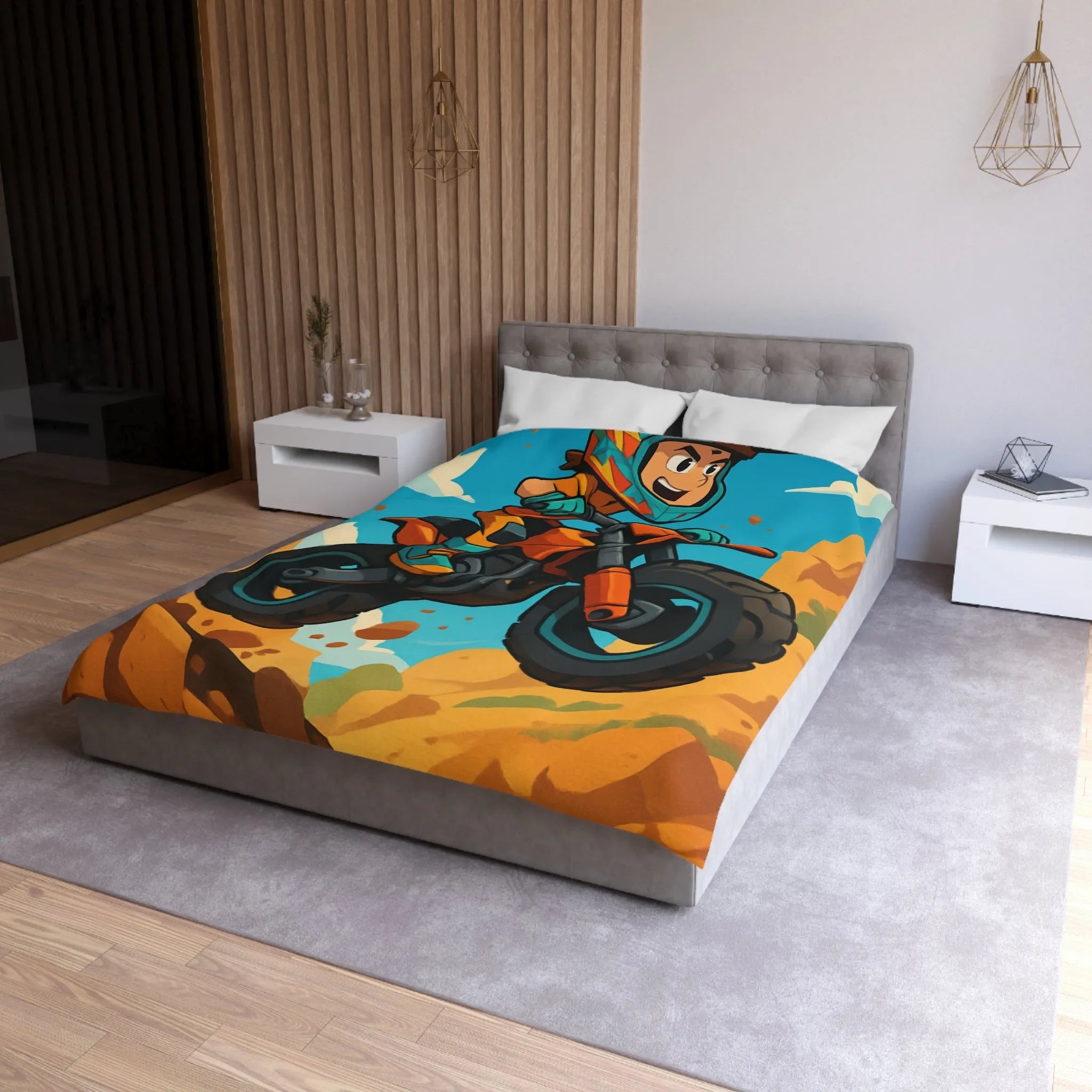 Housse de couette enfant motocross orange avec paysage montagneux et ciel bleu vif