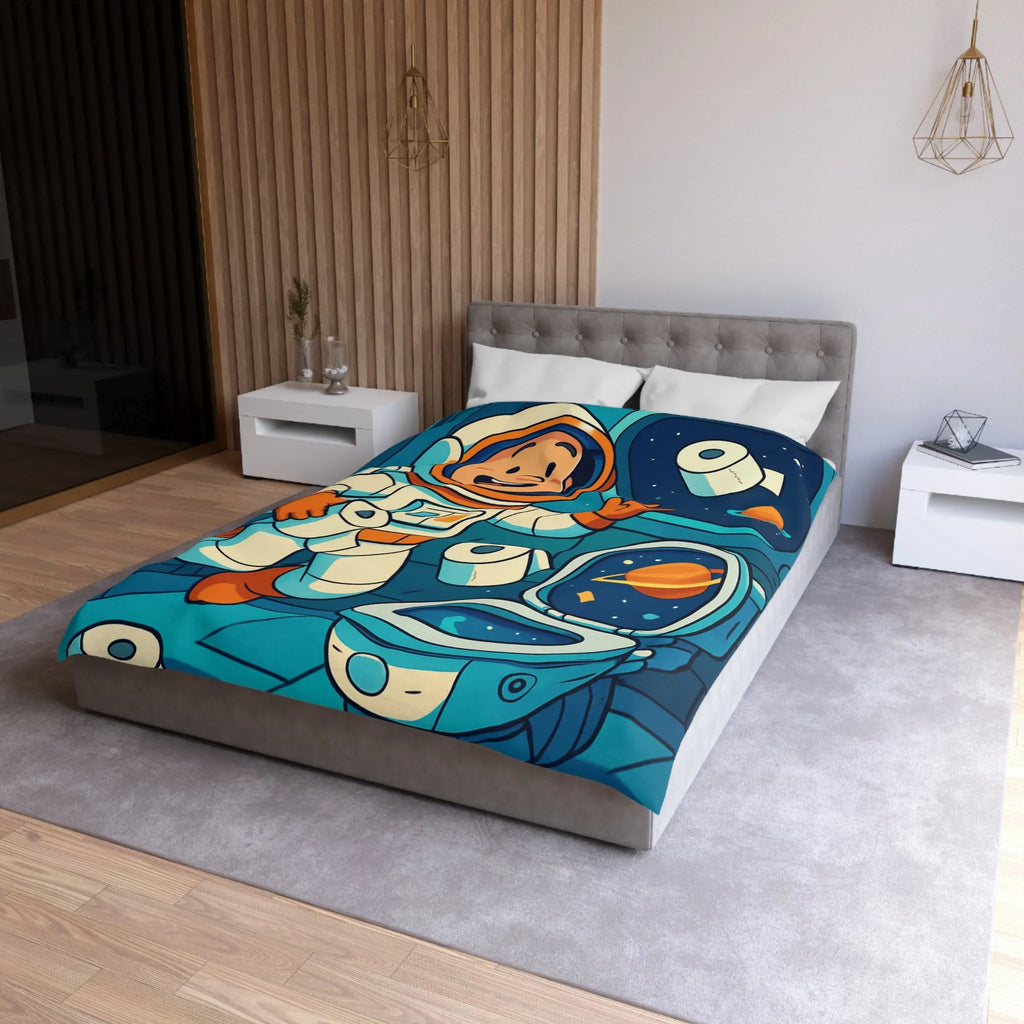 Housse de couette avec astronaute joyeux en cabine spatiale avec rouleaux flottants