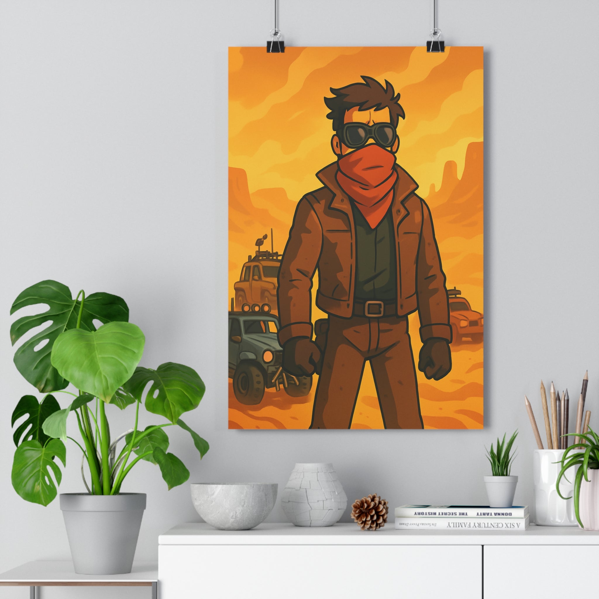 Poster décoratif cartoon guerrier sable jaune orange aventure désert salon chambre action intense qualité