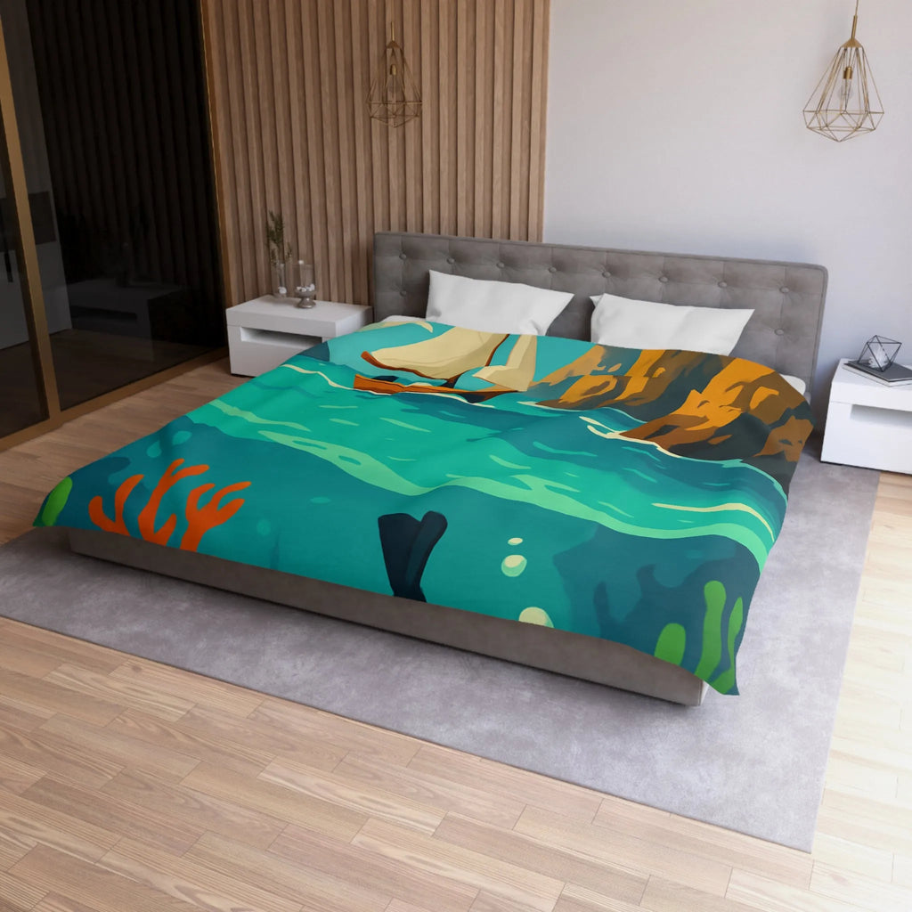 Housse de couette maritime avec plongée, voilier, falaises et récifs colorés