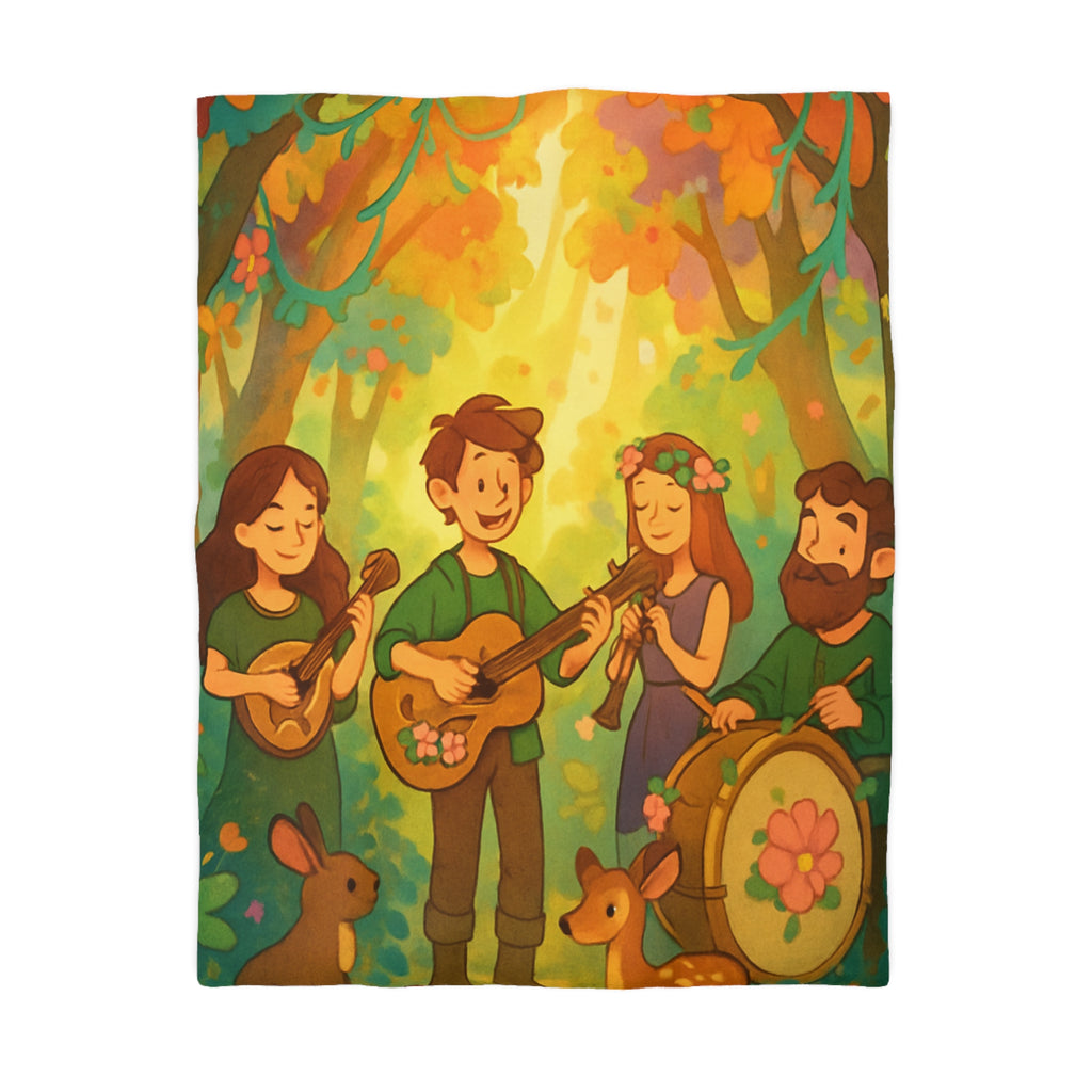 Housse de couette musicale enchantée forêt, animaux, motifs vibrants pour chambre féerique