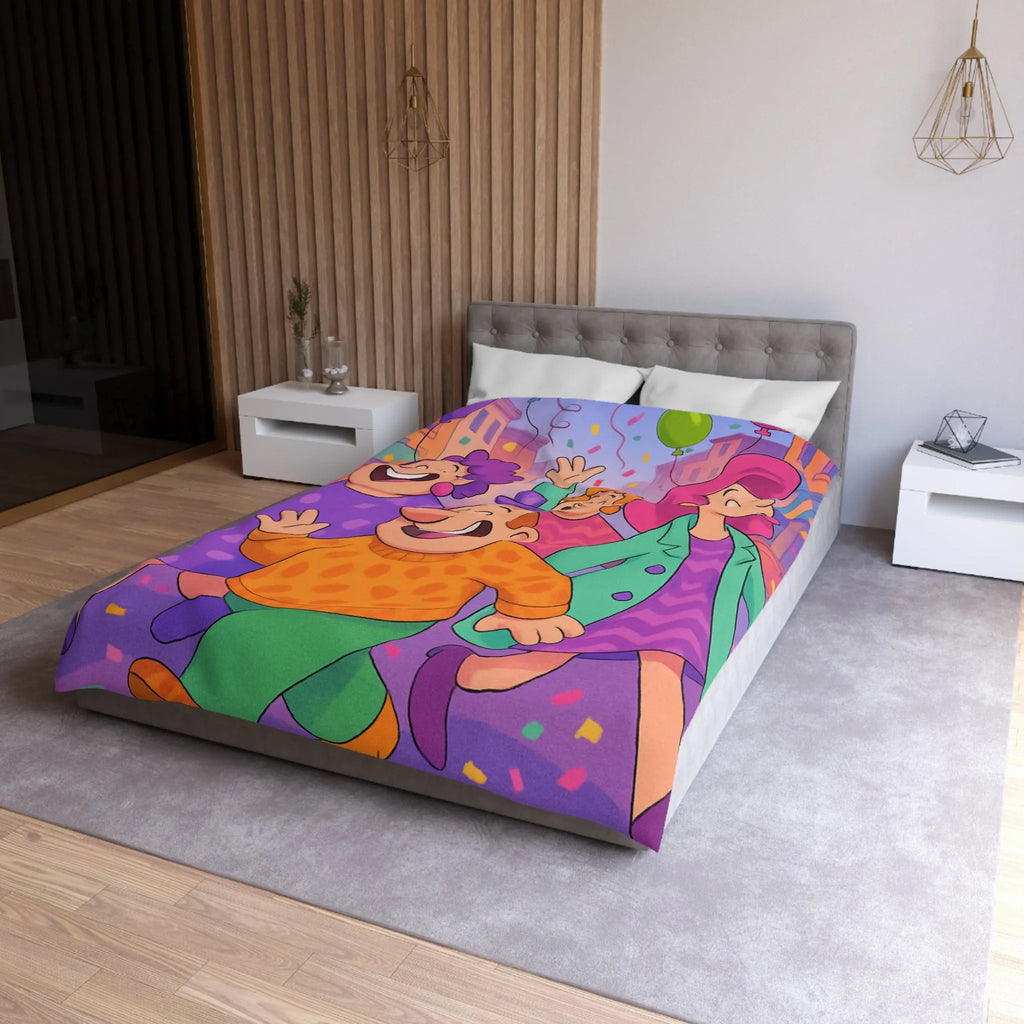 Housse de couette joyeuse avec personnages et ballons pour décoration festive chambre