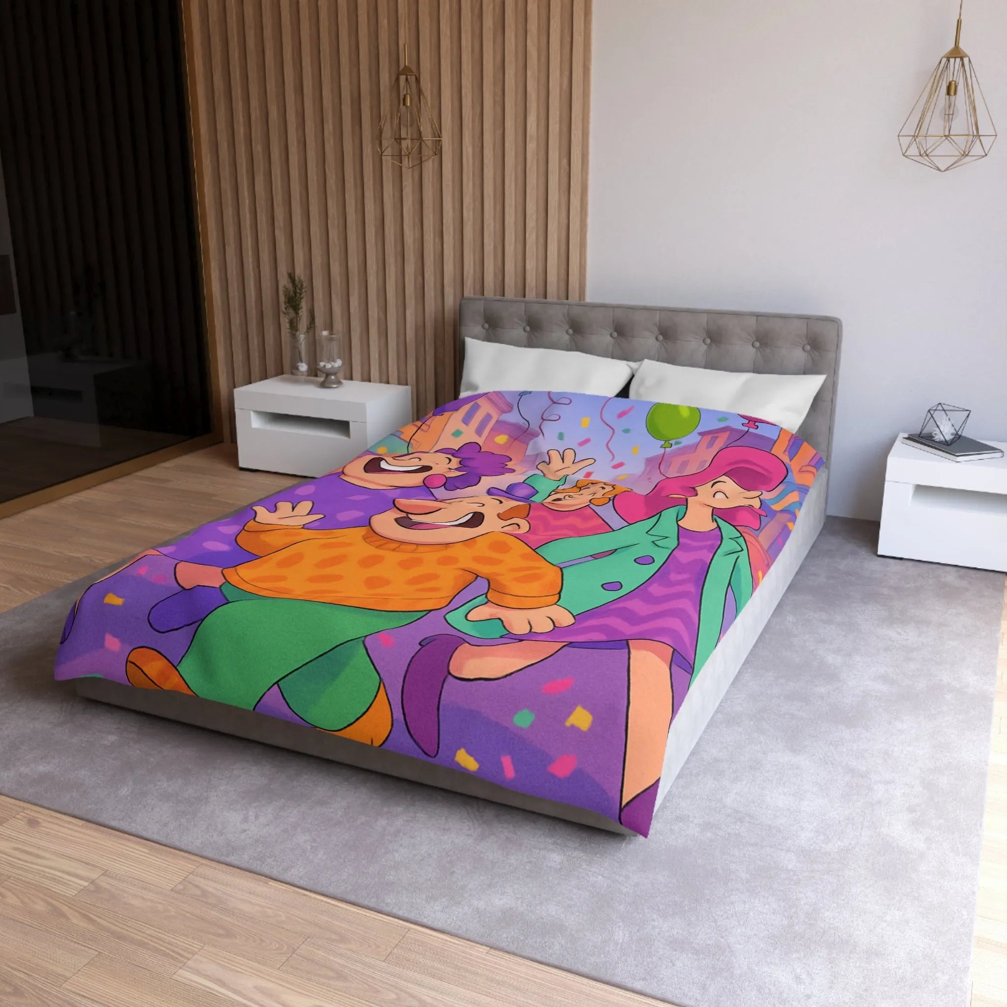 Housse de couette joyeuse avec personnages et ballons pour décoration festive chambre