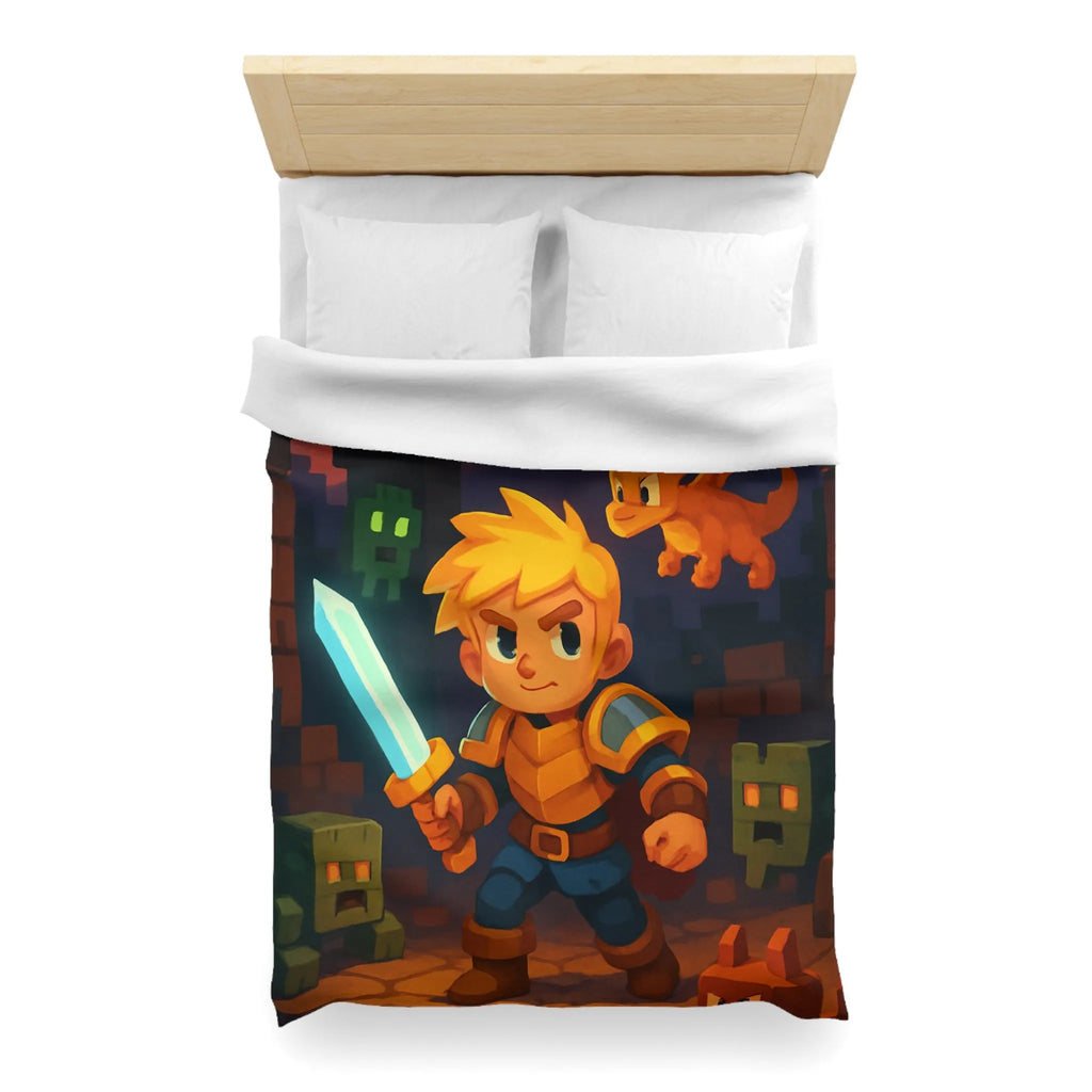 Housse de couette aventure épique avec guerrier, dragon, créatures et volcan en arrière-plan