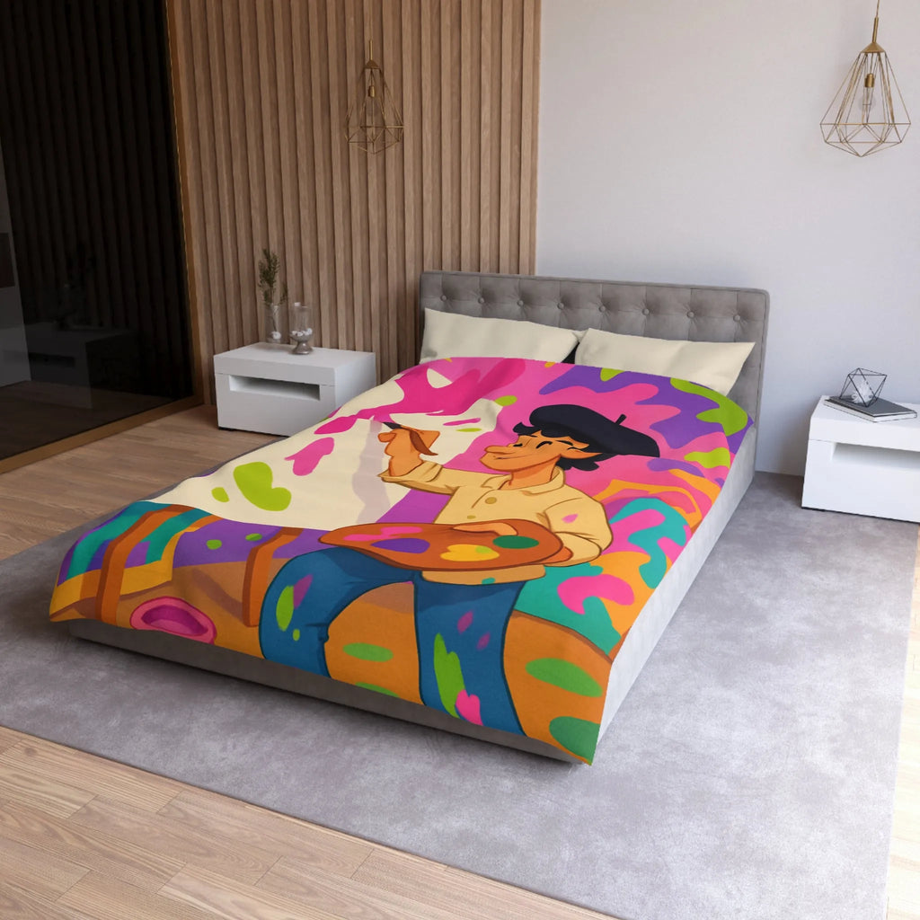 Housse de couette colorée avec artiste joyeux peignant des éclaboussures lumineuses abstraites