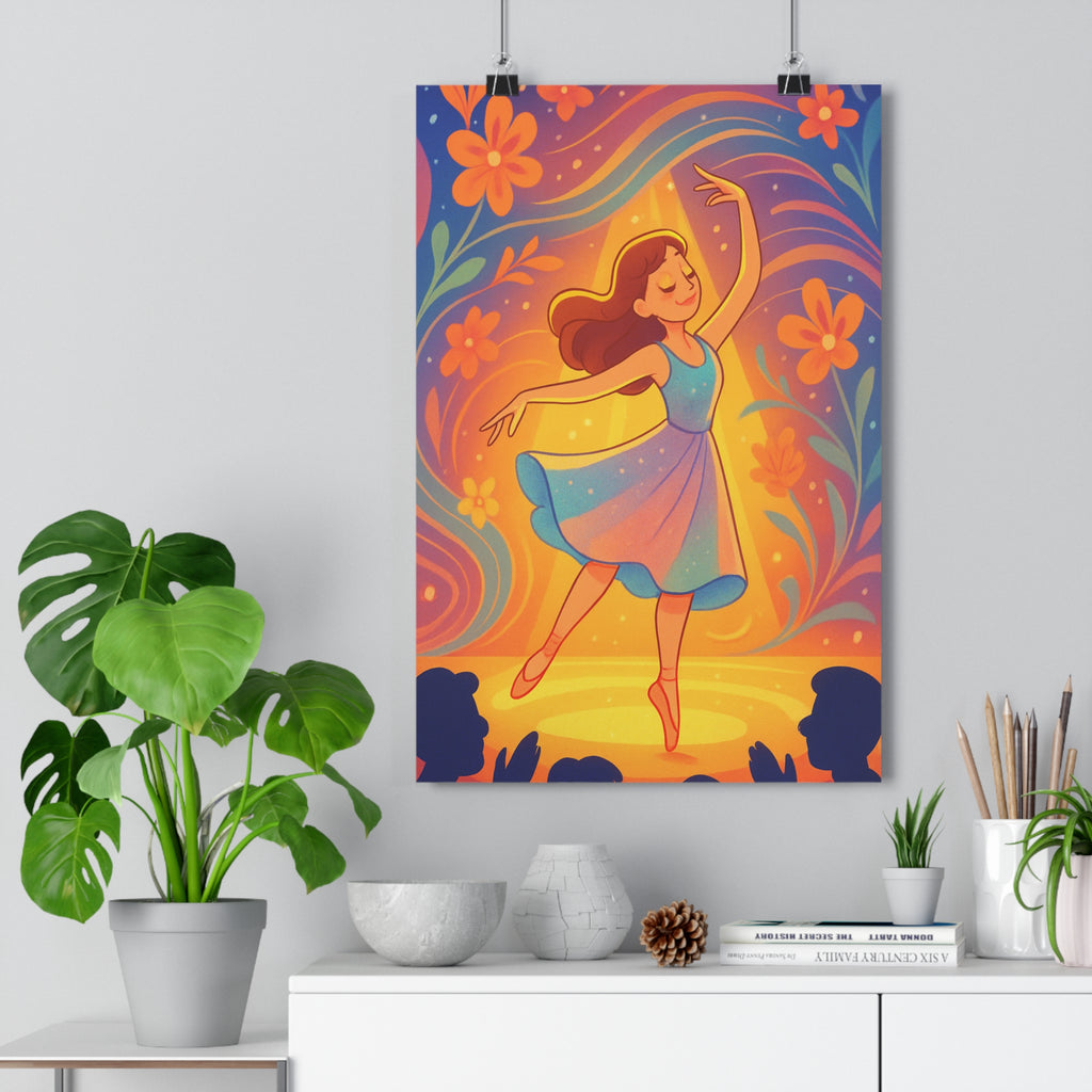 Poster décoratif danseuse gracieuse bleu pastel fleurs orange joyeux artistique salon chambre 30x46 cm
