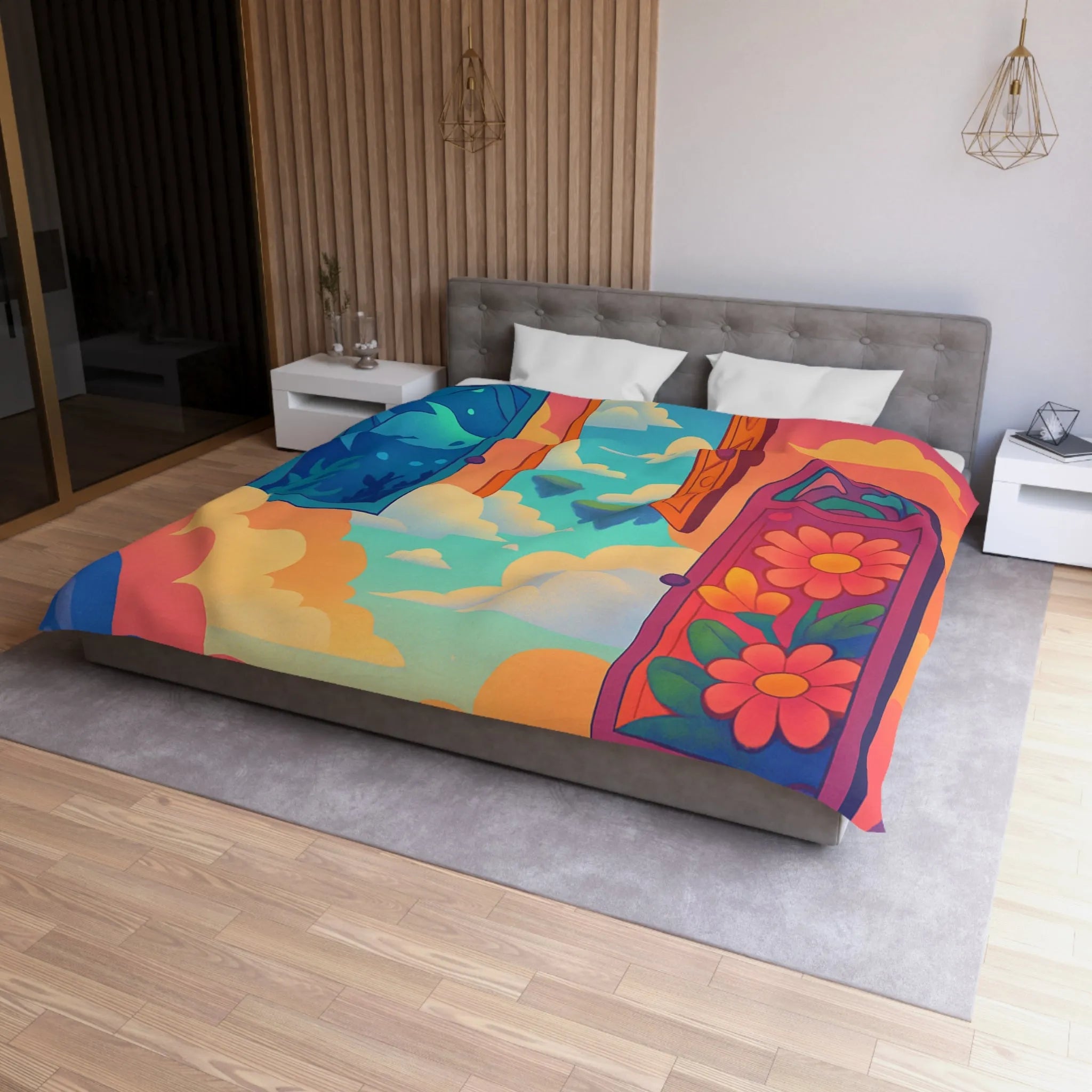 Housse de couette colorée avec trois portes magiques et paysages oniriques enchanteurs