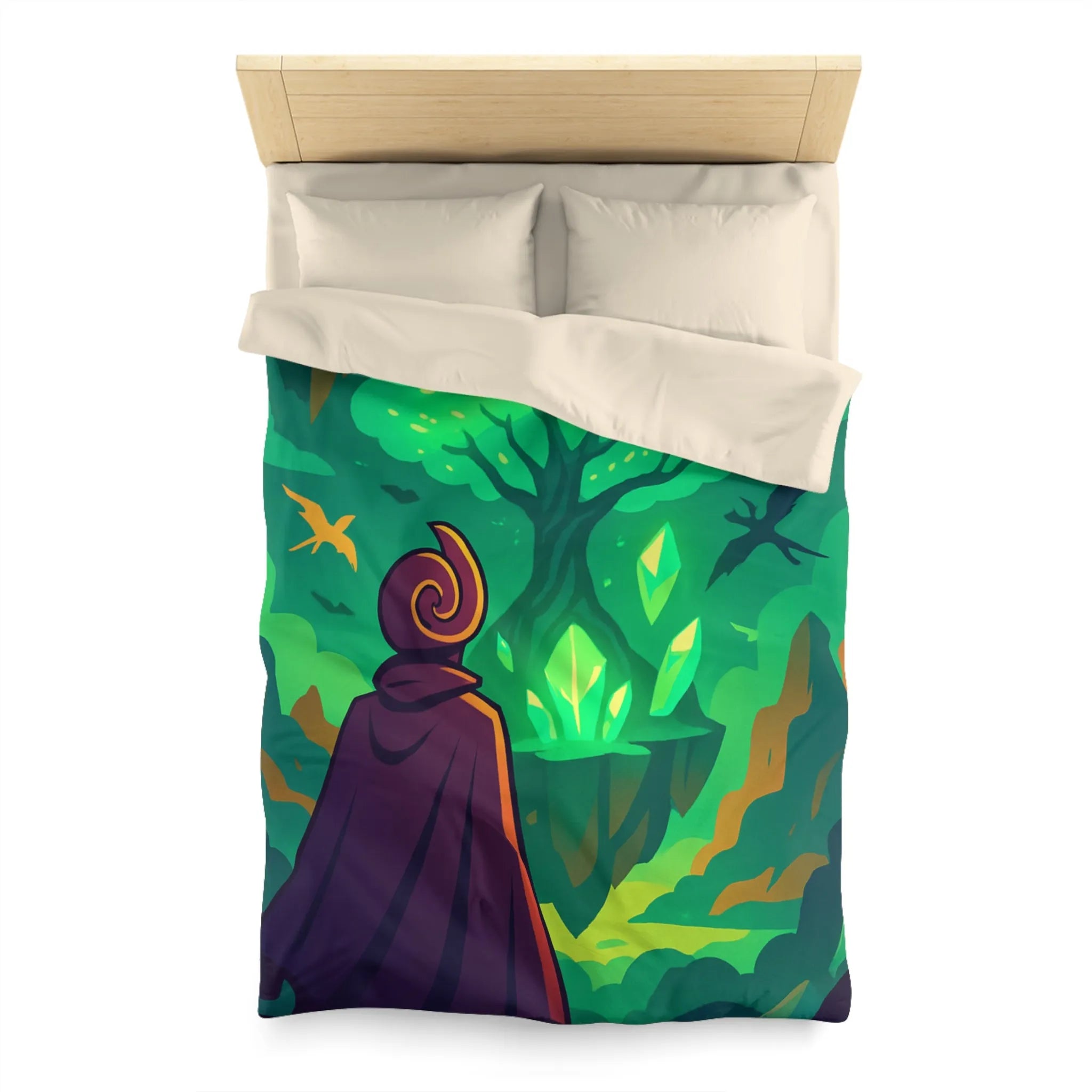Housse de couette magique avec arbre brillant flottant, créatures volantes et paysages féeriques