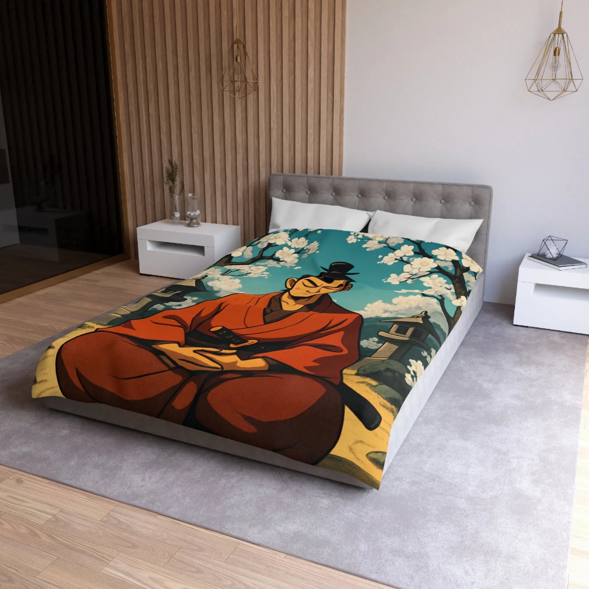 Housse de couette avec design de méditation sereine sous cerisiers en fleurs