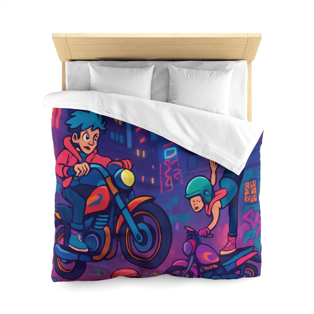 Housse de couette illustrée acrobaties moto urbaines néon dynamique style bande dessinée vibrante