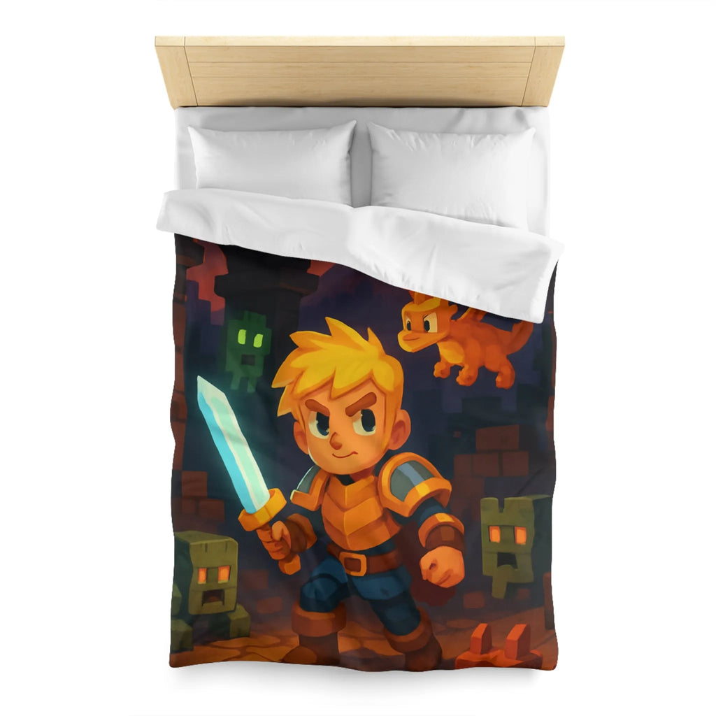 Housse de couette épique avec héros, dragon, volcan en feu et créatures cubiques