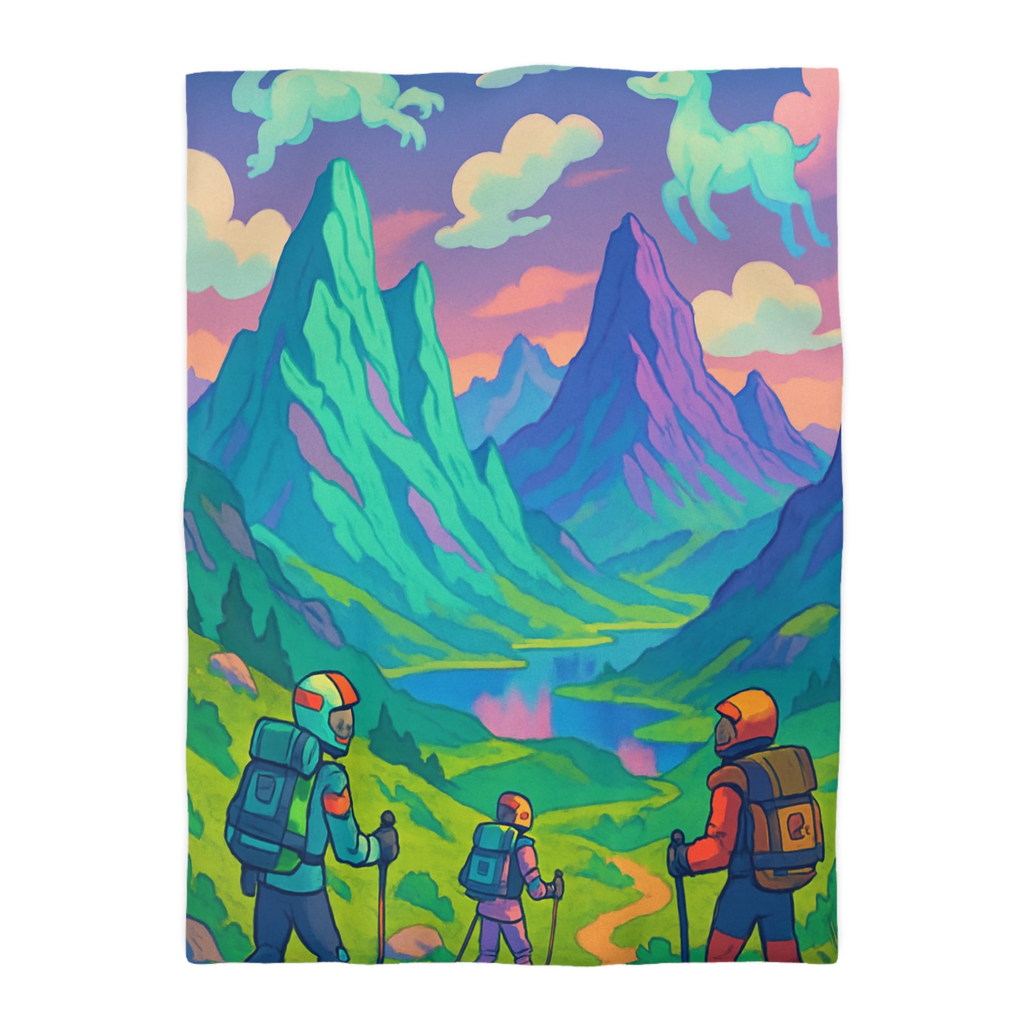 Housse de Couette Unique Montagne Randonneurs Fantaisie Animaux Nuages Enchantée Colorée