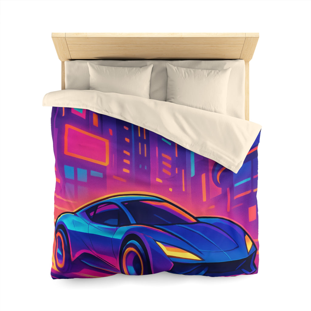 Housse de couette voiture néon sur fond de ville futuriste aux couleurs vibrantes