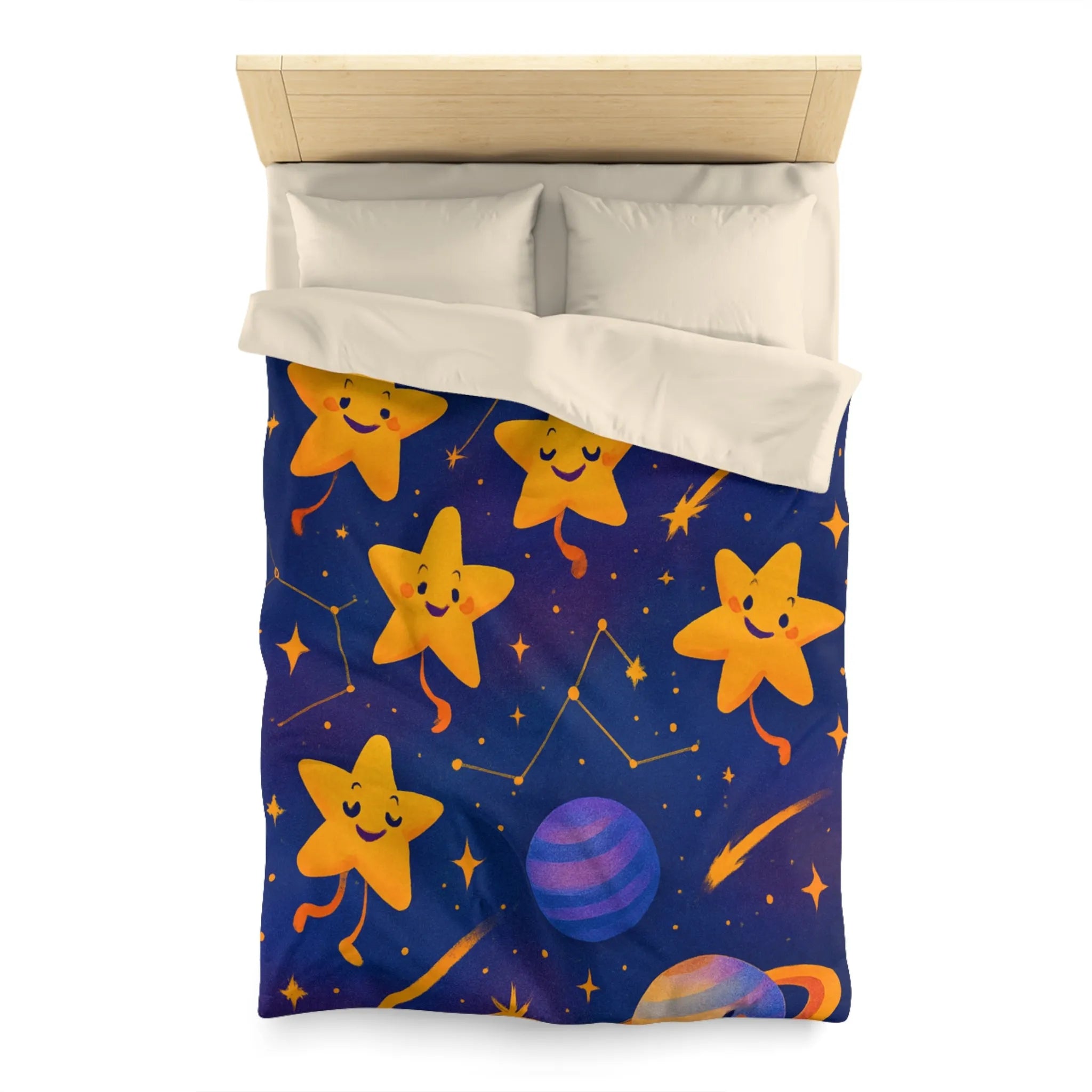 Housse de couette avec étoiles souriantes et planètes cartoon pour chambre d'enfant