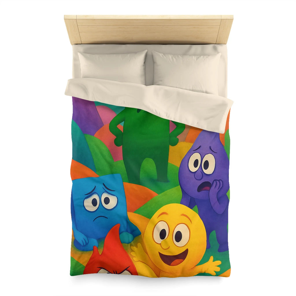 Housse de couette colorée avec personnages expressifs sur fond de collines arc-en-ciel