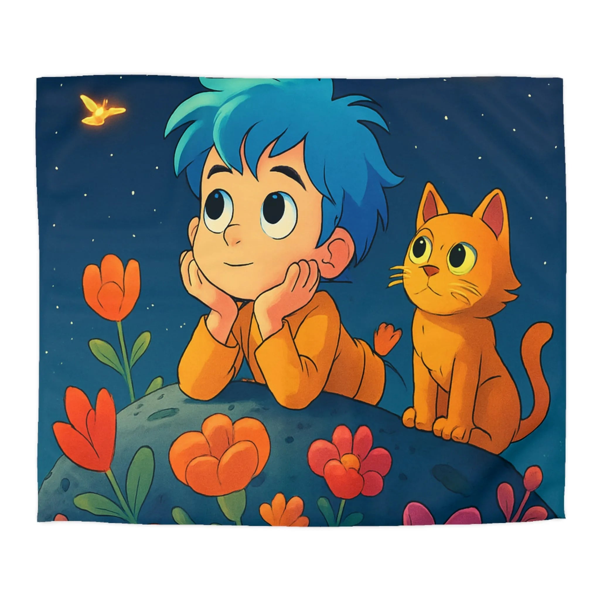 Housse de Couette Enfant Émerveillé Observant Papillons Lumineux sous Ciel Étoilé