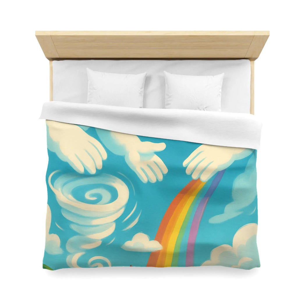 Art ludique de nuages souriants au-dessus d'un village teinté de couleurs vives