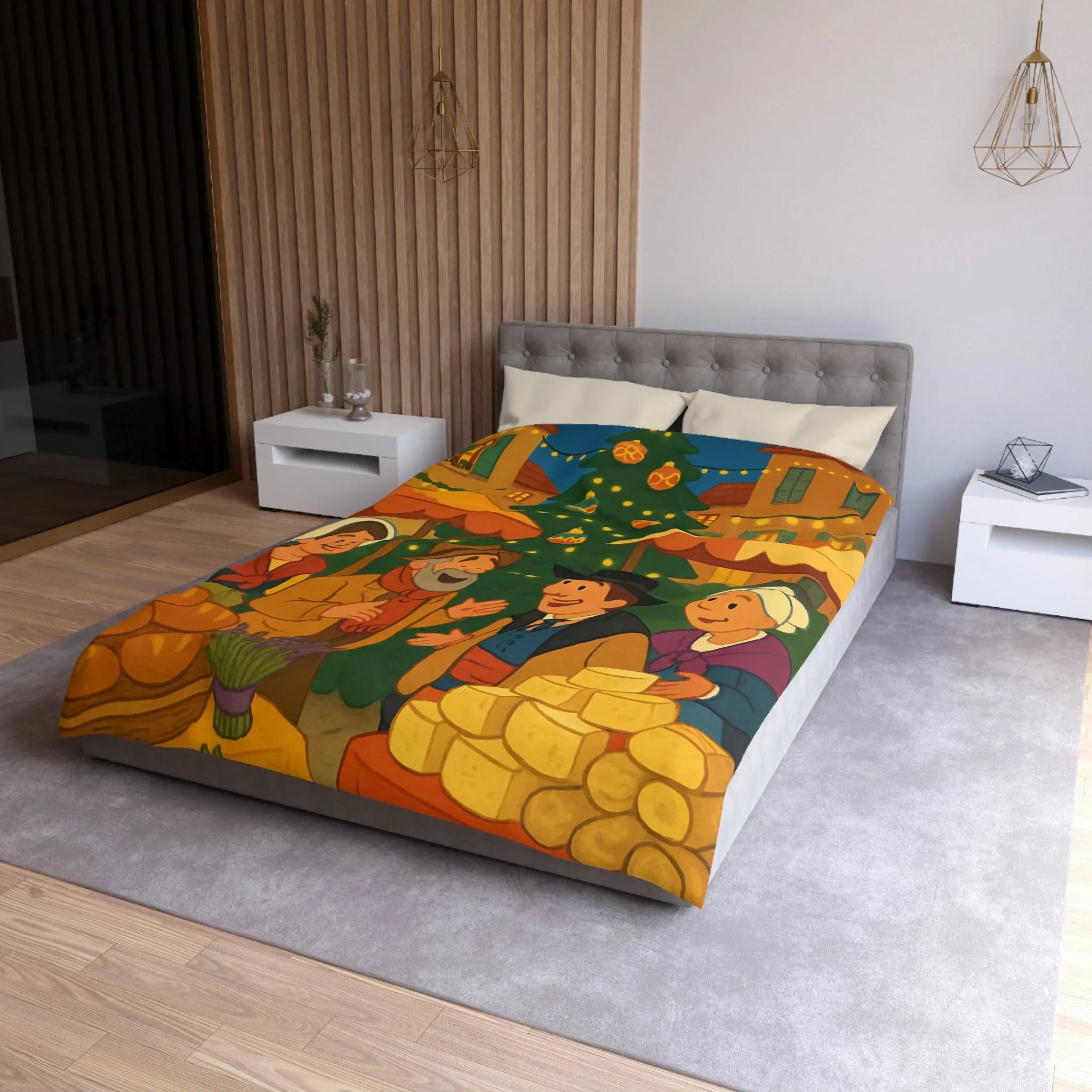 Housse de couette festive avec marché de Noël et sapin illuminé au village