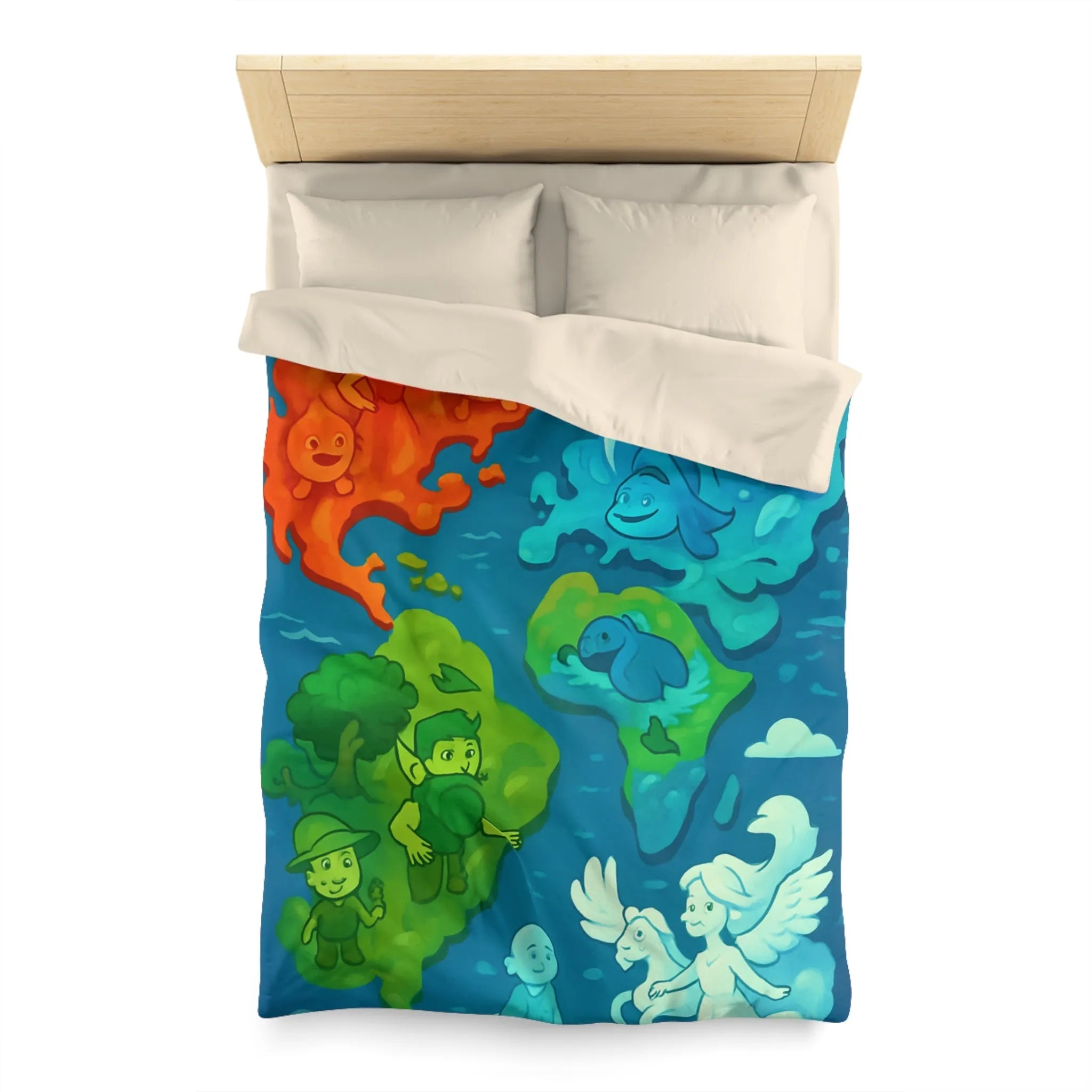 Housse de couette colorée avec illustration ludique des éléments naturels en harmonie