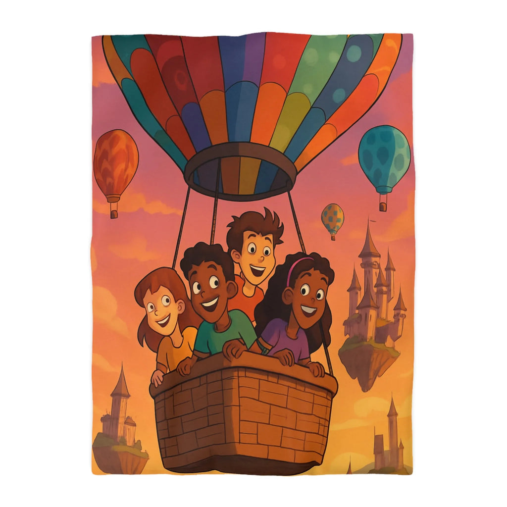Housse de couette colorée avec enfants dans montgolfière et château en arrière-plan