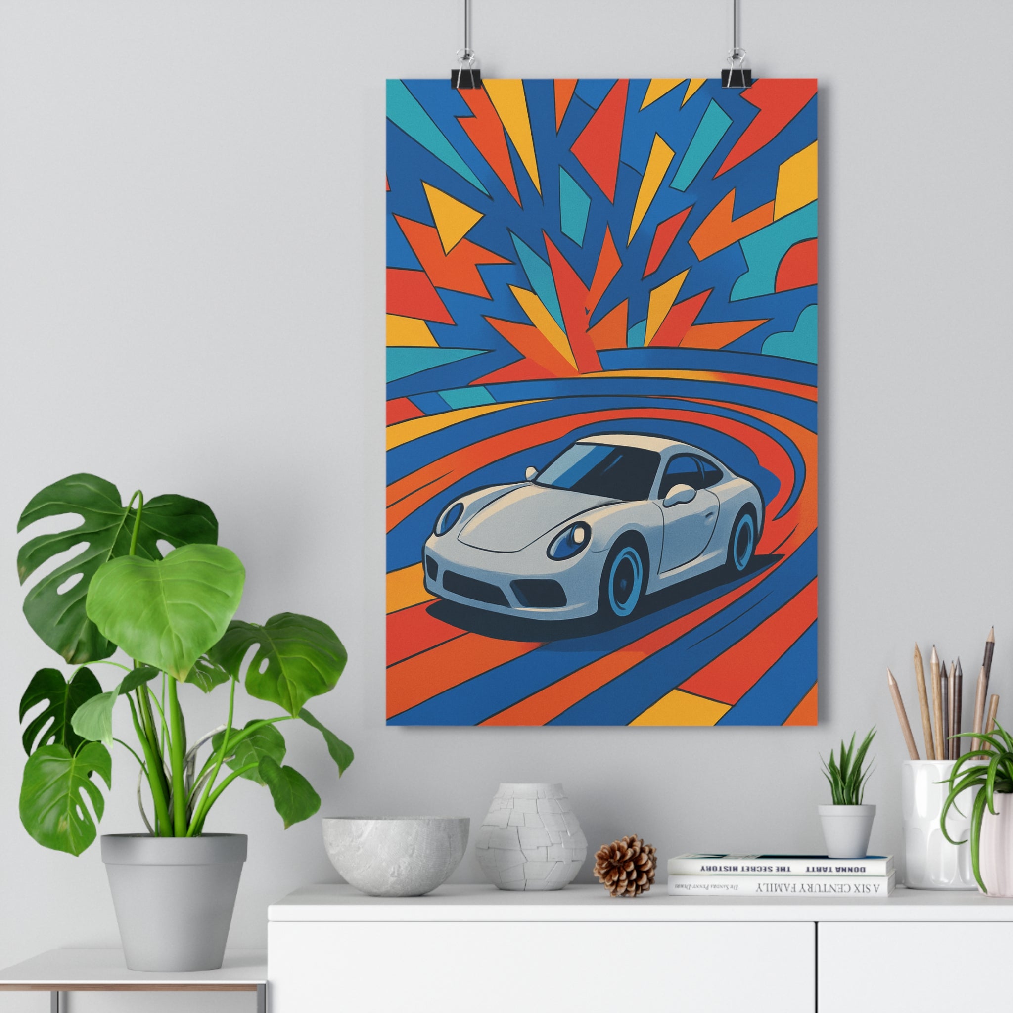 Poster décoratif voiture sport dessin animé bleu rouge jaune moderne bureau chambre adolescent qualité