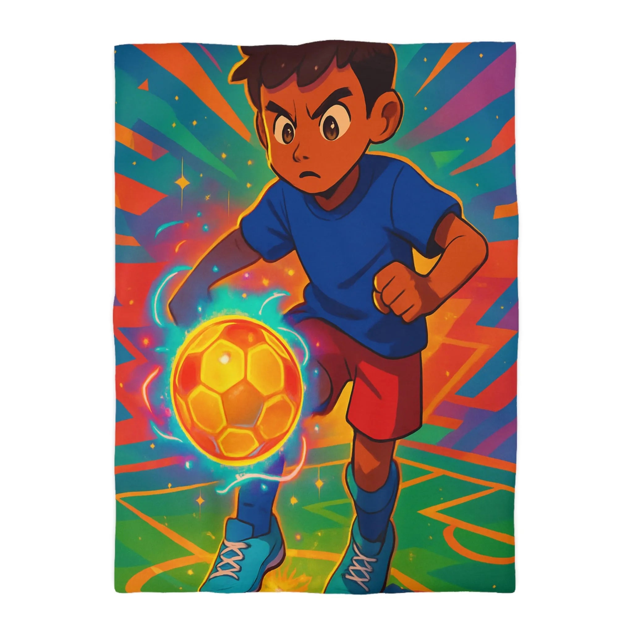 Housse de Couette Colorée Enfant Jouant au Football avec Effet Lumineux Éclatant