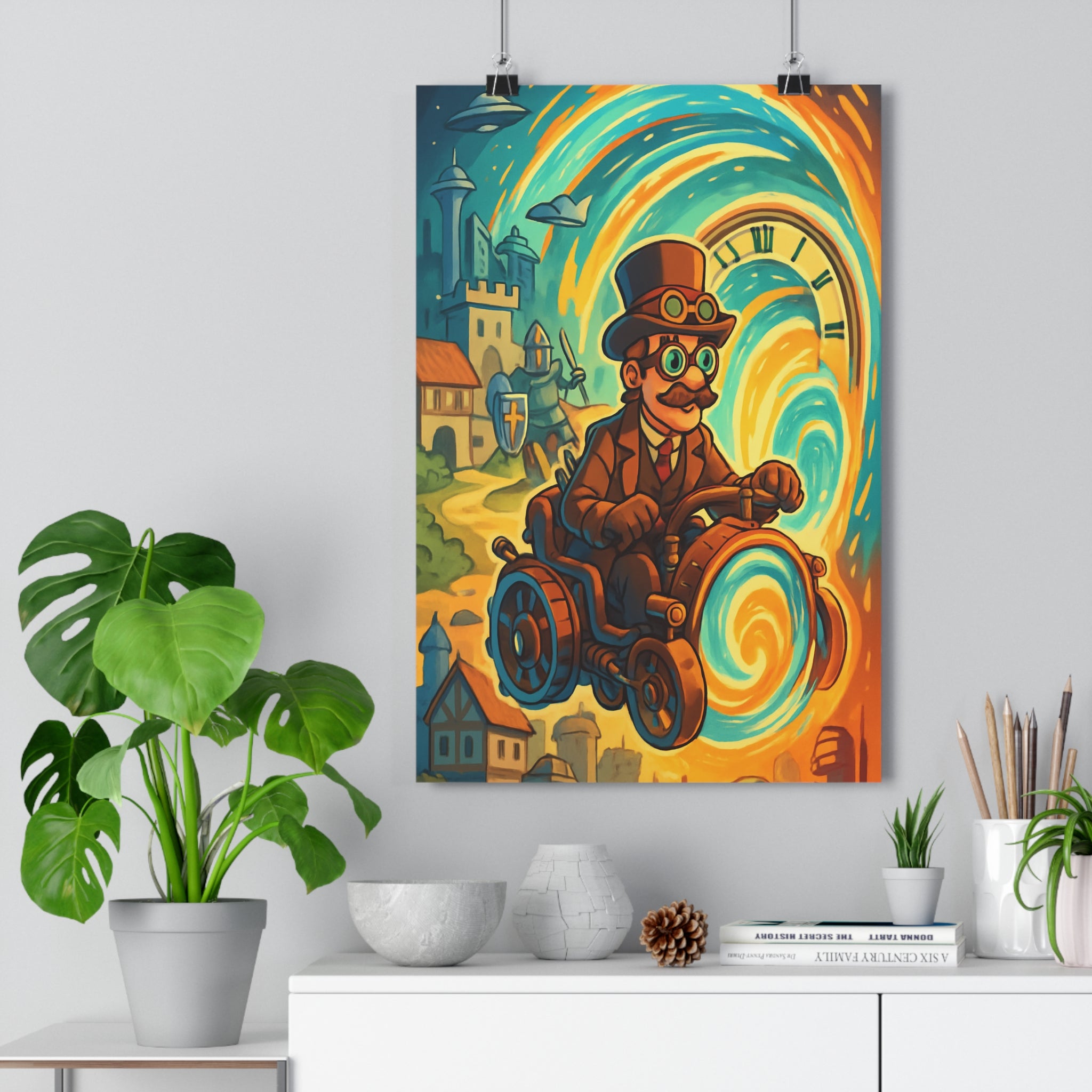 Poster décoratif steampunk aventure voyageur bleu orange cartoon salon enfant dynamique captivant unique médiéval