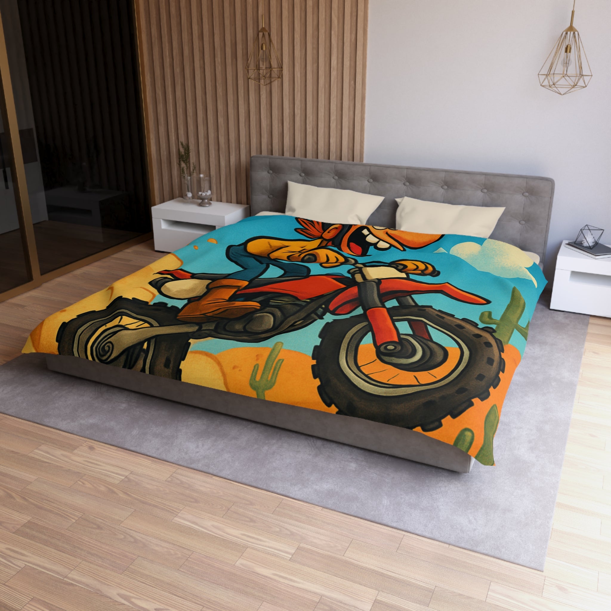 Motard animé sur motocross sautant à travers désert coloré avec cactus et nuages