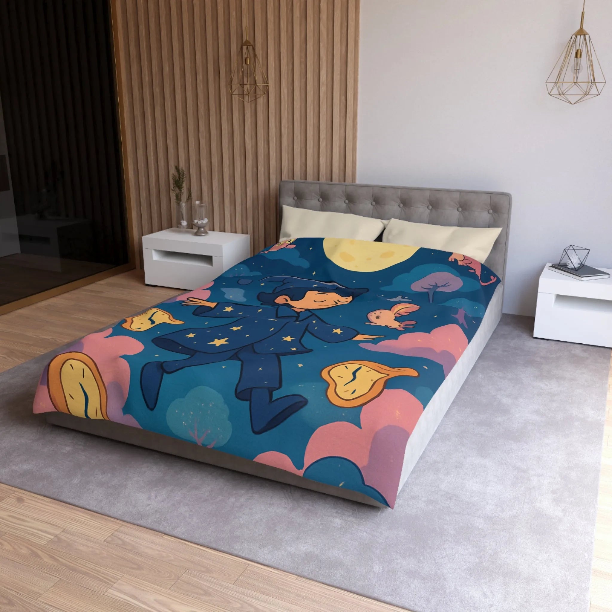 Housse de couette magique avec sorcier enfant rêvant de créatures volantes lunaires