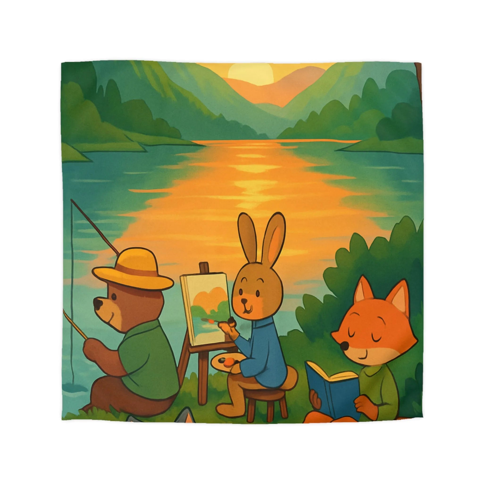 Housse de couette animaux amis au bord du lac avec coucher de soleil serein