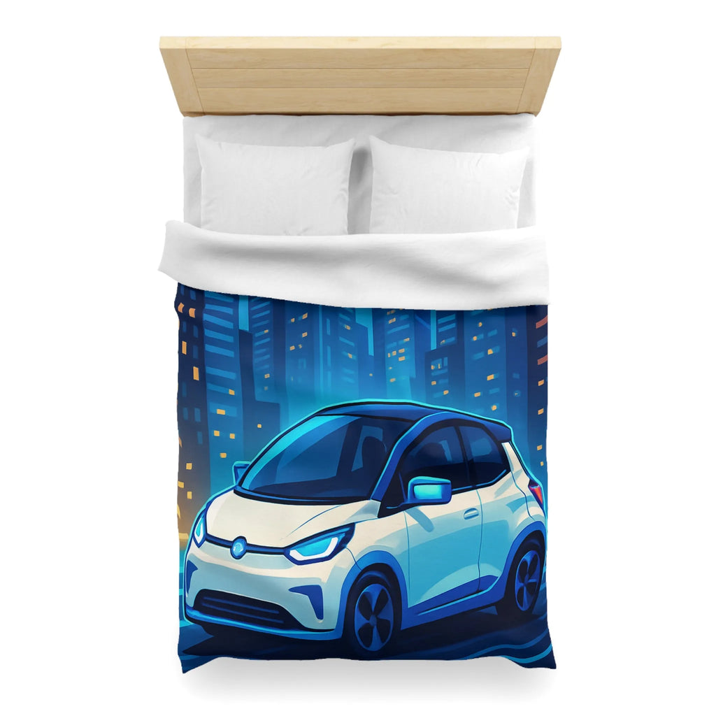 Douce Housse de Couette Bleu Nuit avec Voiture Futuriste et Skyline Lumineuse