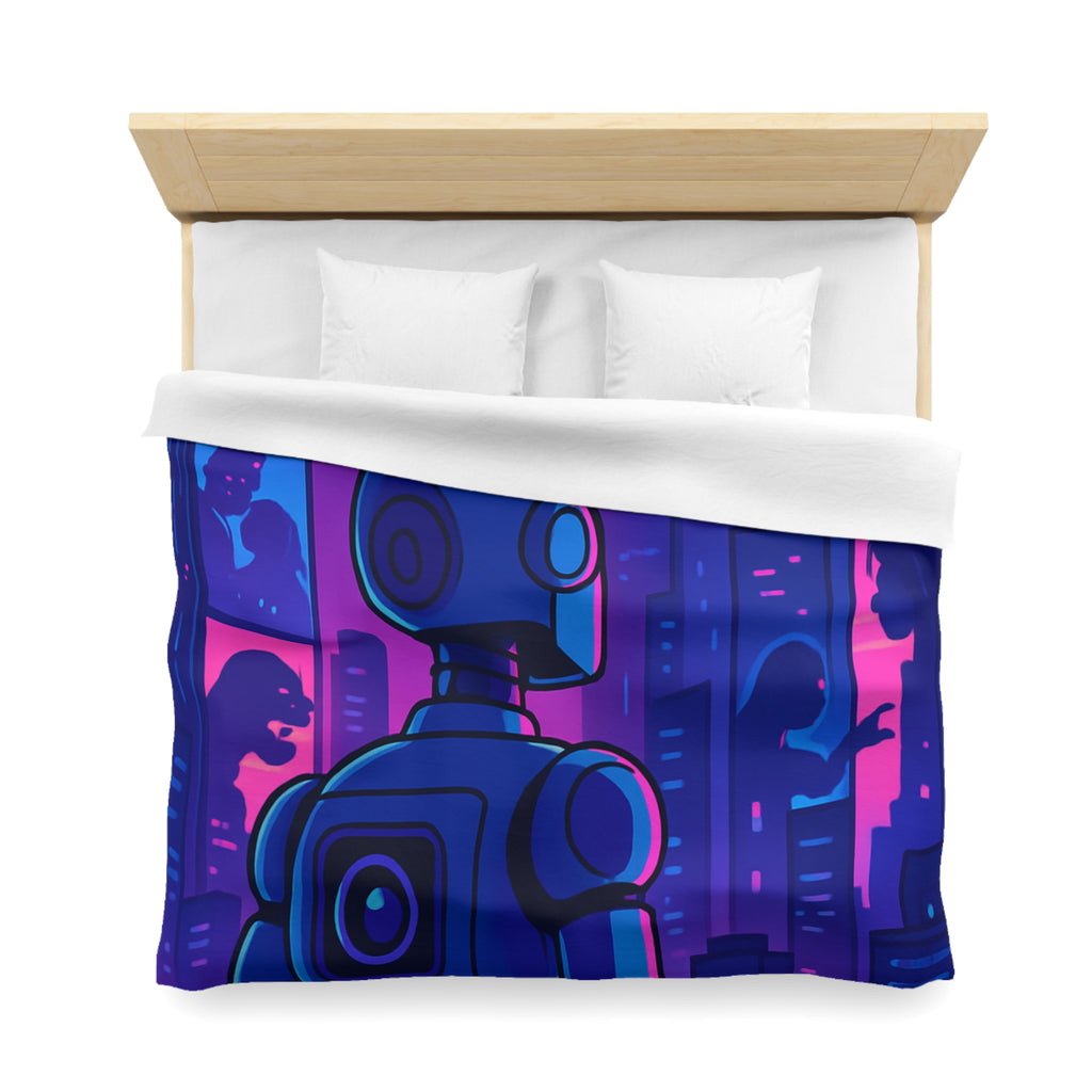 Séduisante housse de couette futuriste robot bleu néons drones anime horizon nuit