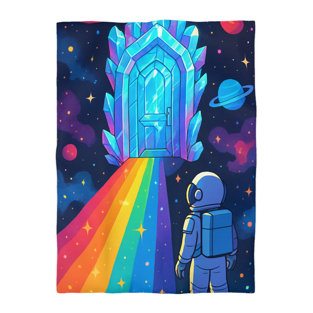Housse de couette rêve cosmique : astronaute, porte de cristal et univers coloré
