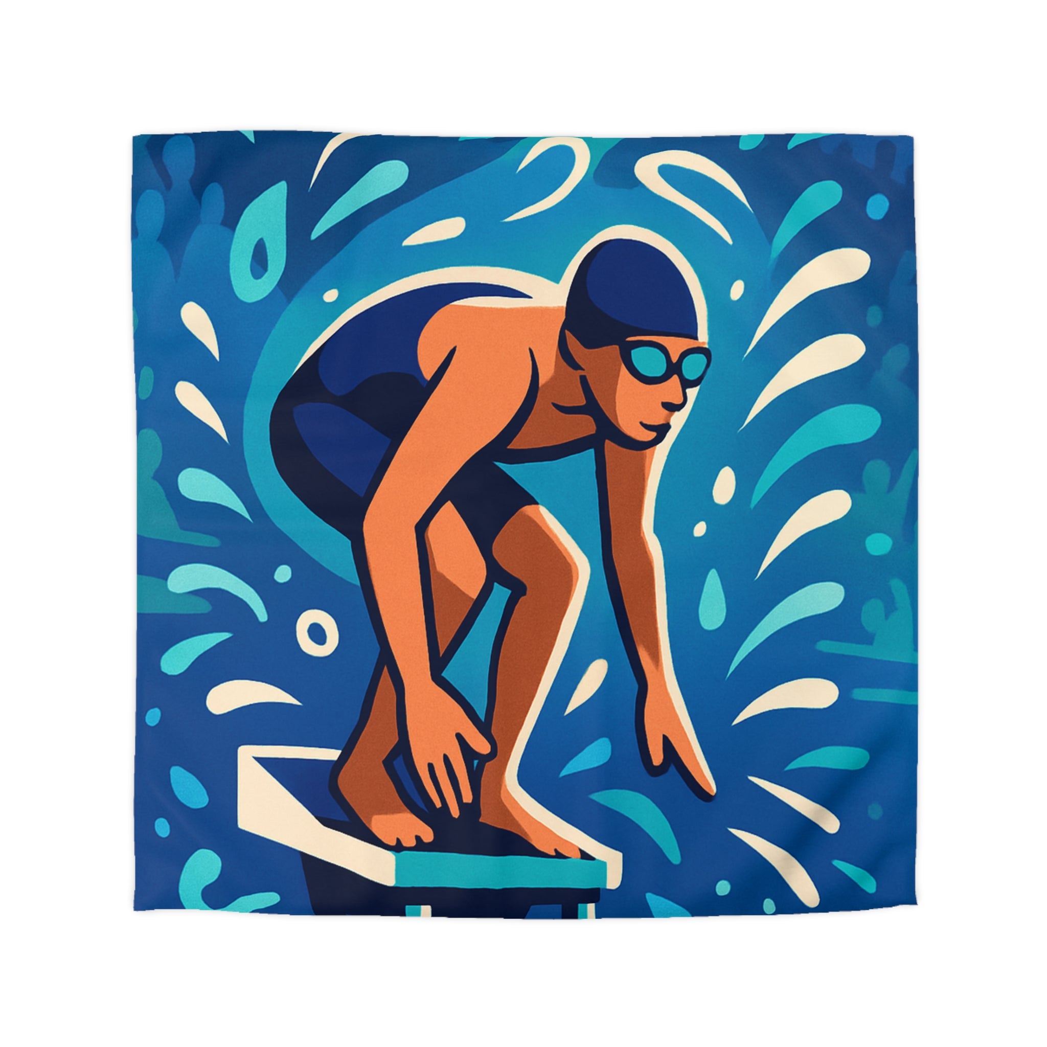 Housse de couette vibrante avec nageur prêt à plonger dans une piscine dynamique